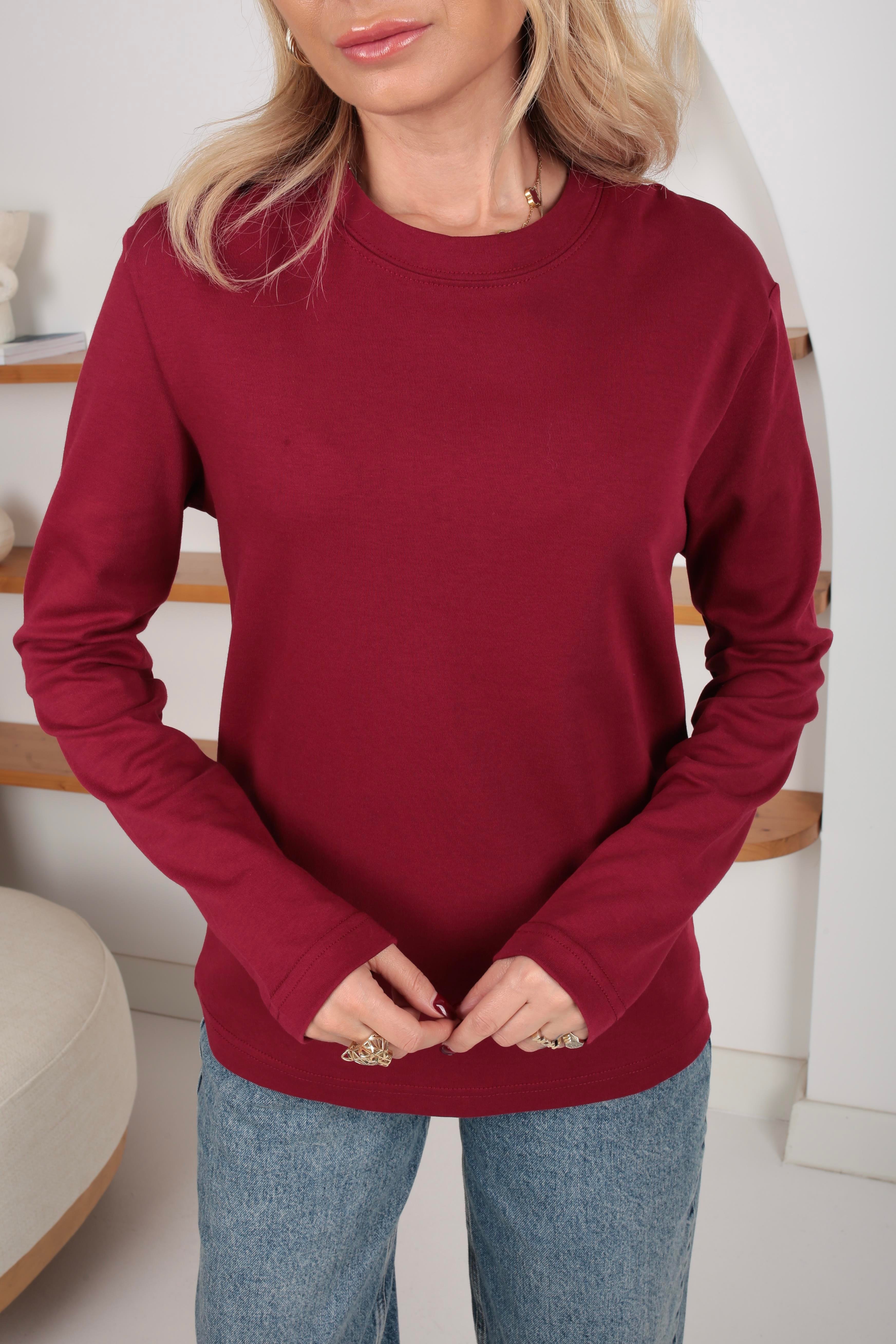 Bordo Bisiklet Yaka Uzun Kol İnce Sweatshirt SWEATSHİRT