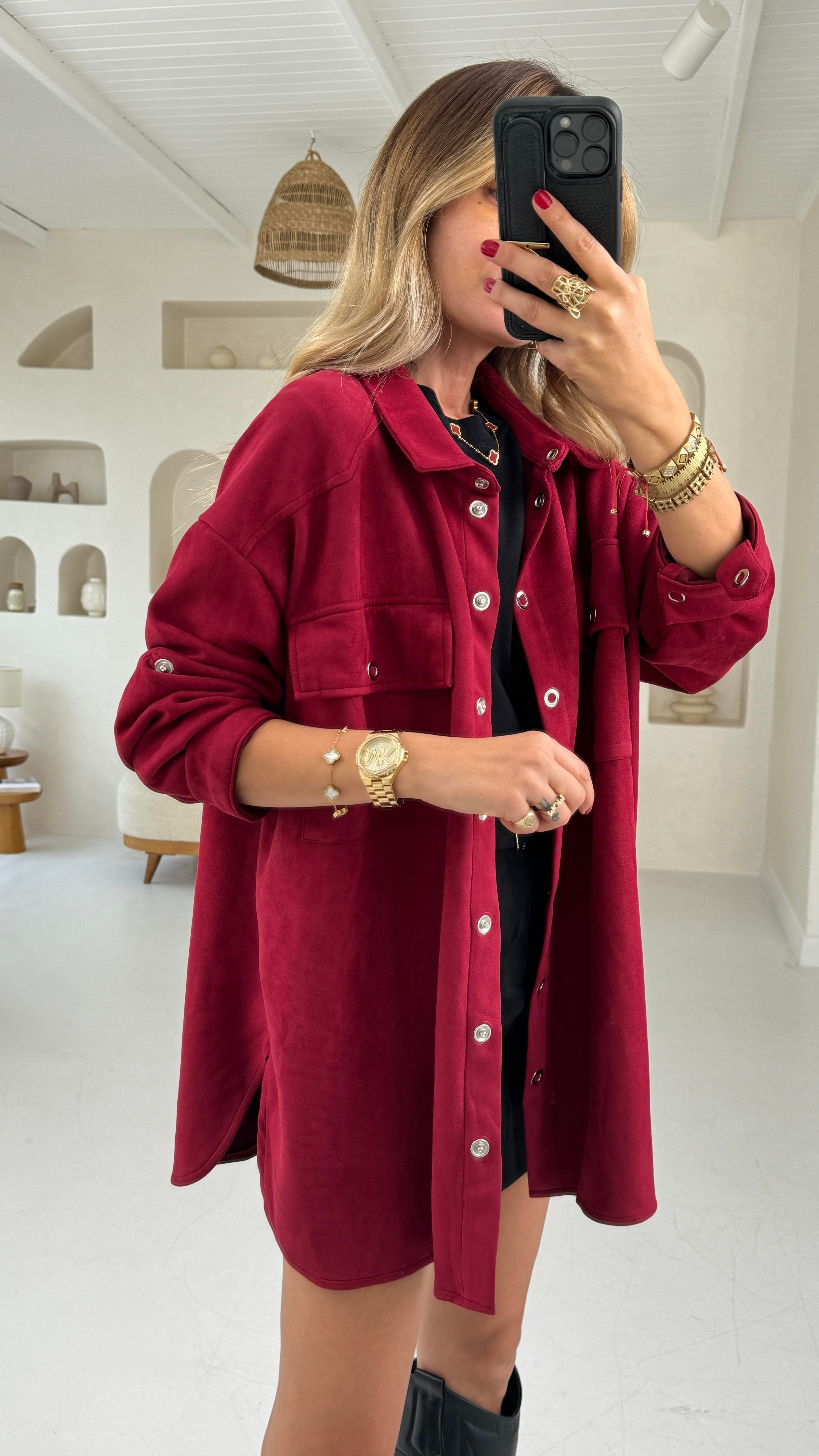 Bordo Çıtçıtlı Nubuk Oversize Gömlek GÖMLEK