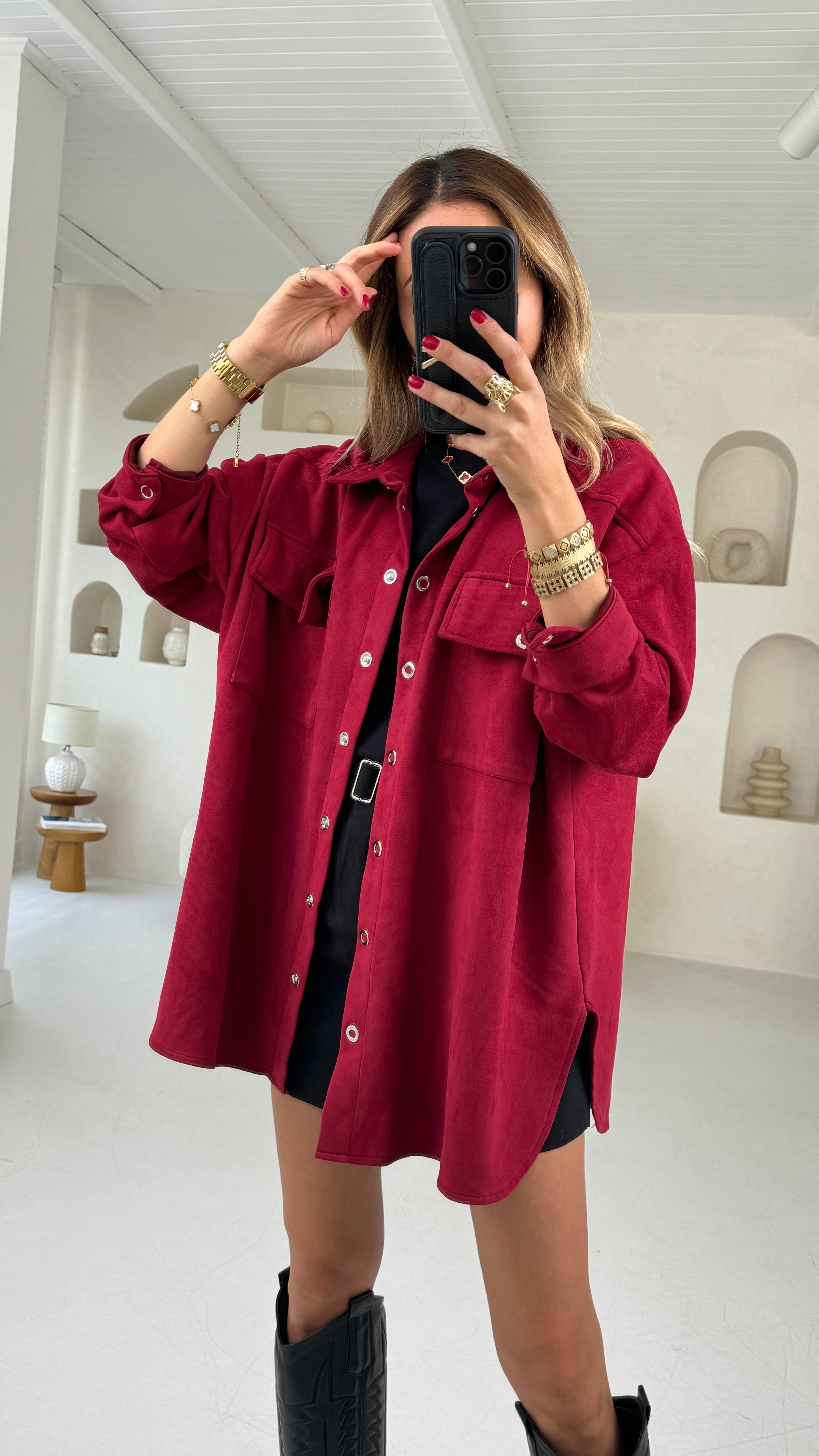 Bordo Çıtçıtlı Nubuk Oversize Gömlek GÖMLEK