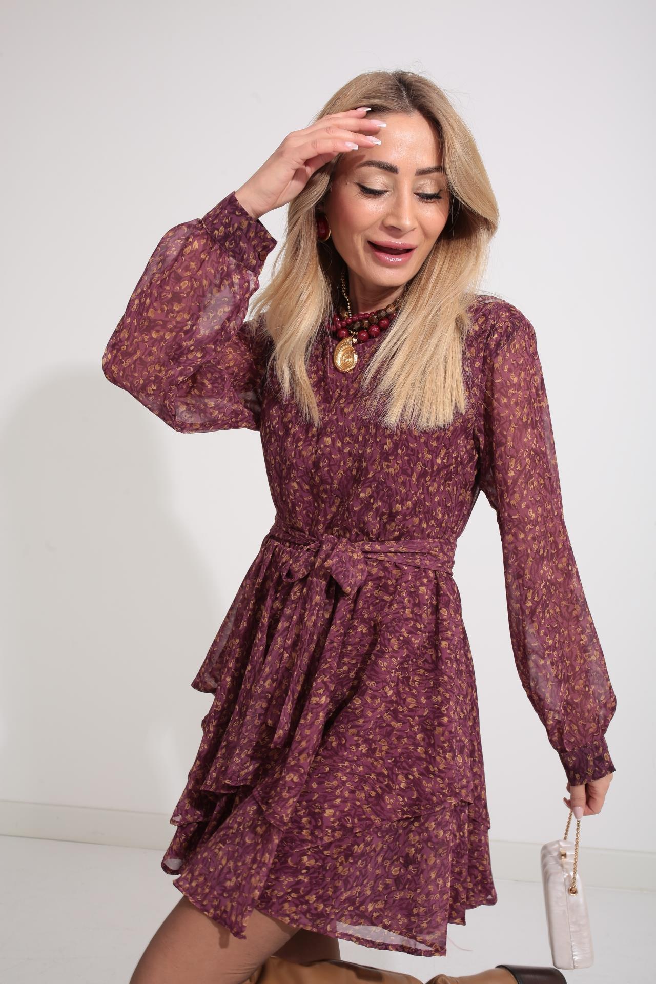 Bordo Desenli Katlı Şifon Elbise ELBİSE