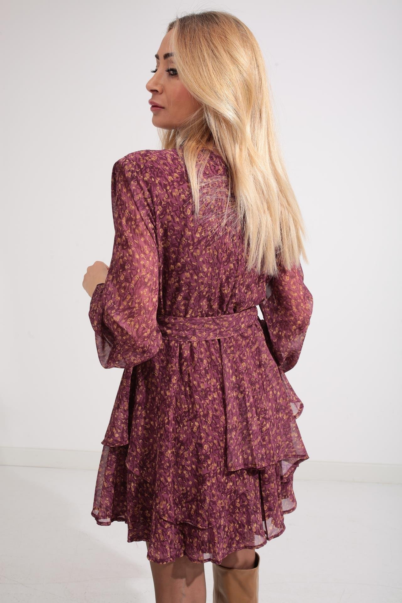 Bordo Desenli Katlı Şifon Elbise ELBİSE