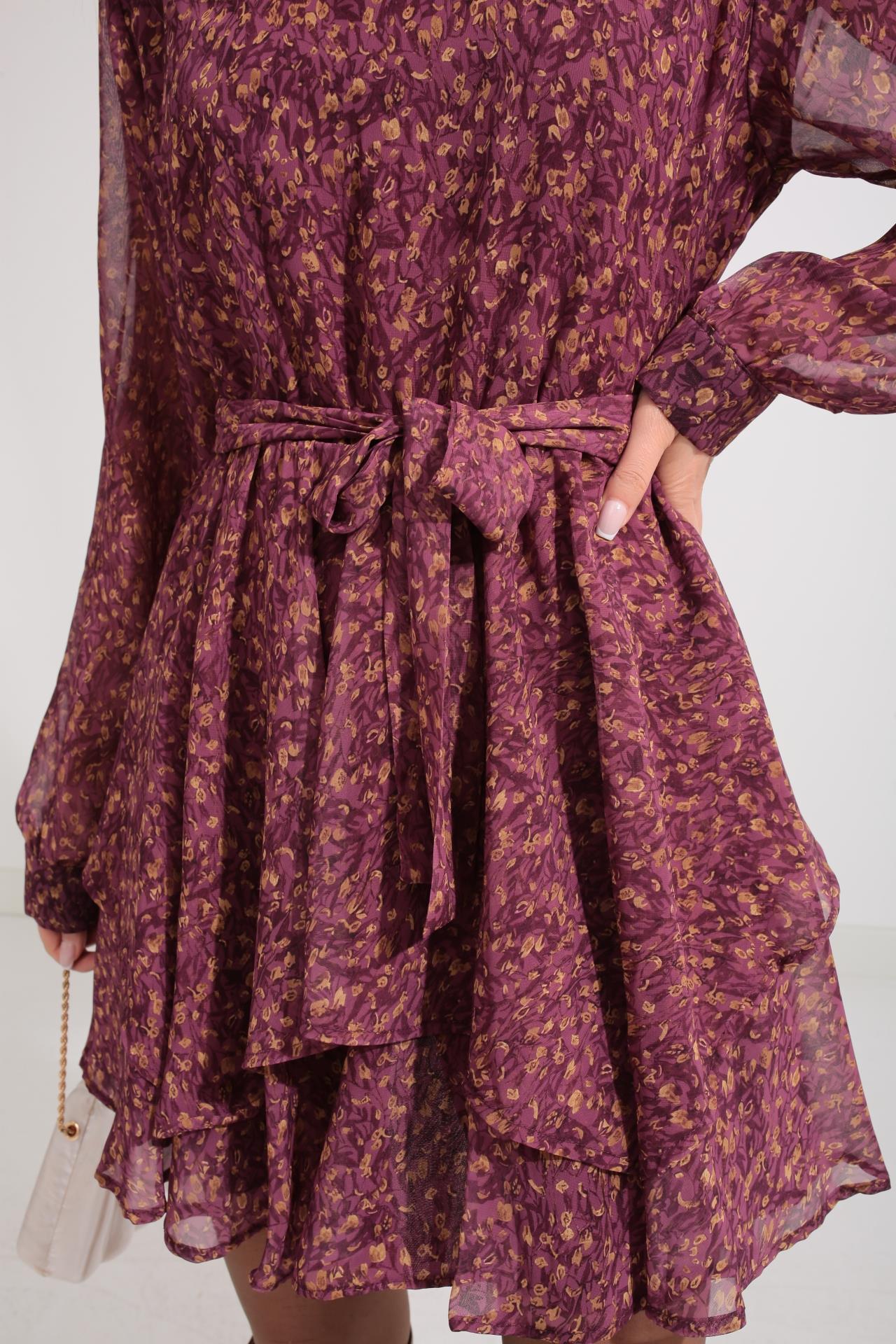 Bordo Desenli Katlı Şifon Elbise ELBİSE