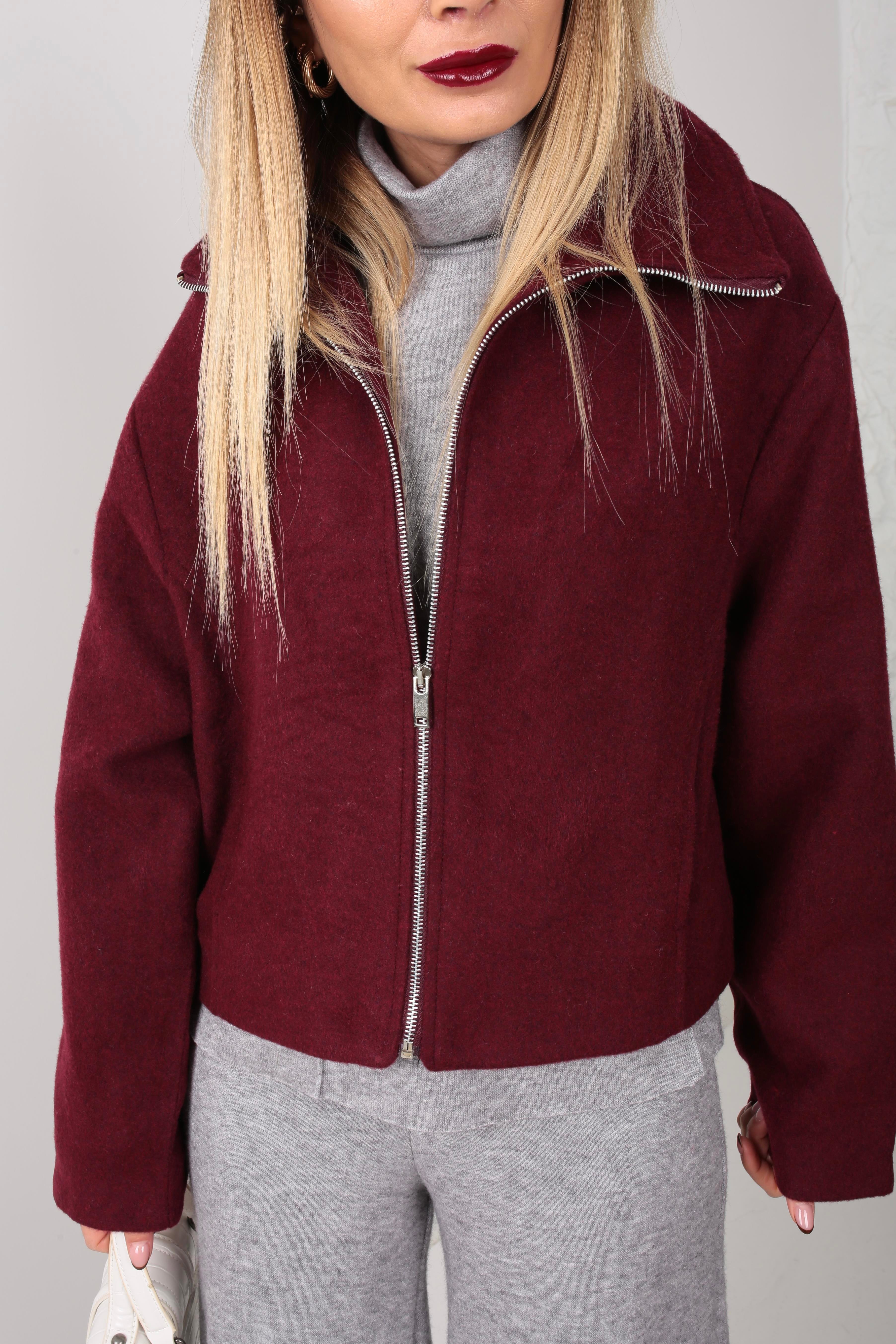 Bordo Dik Yaka Fermuarlı Kısa Kaşe Ceket CEKET