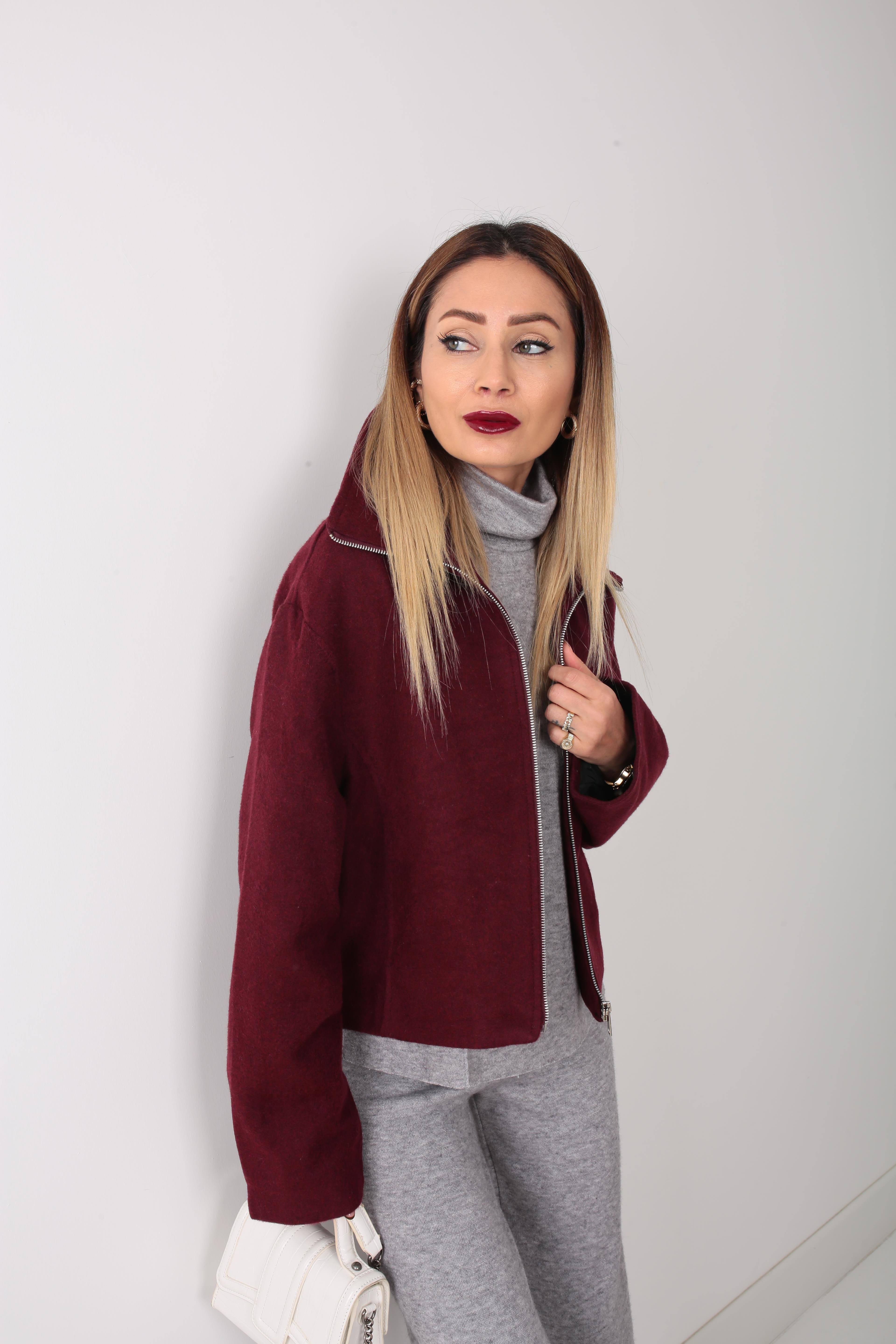 Bordo Dik Yaka Fermuarlı Kısa Kaşe Ceket CEKET