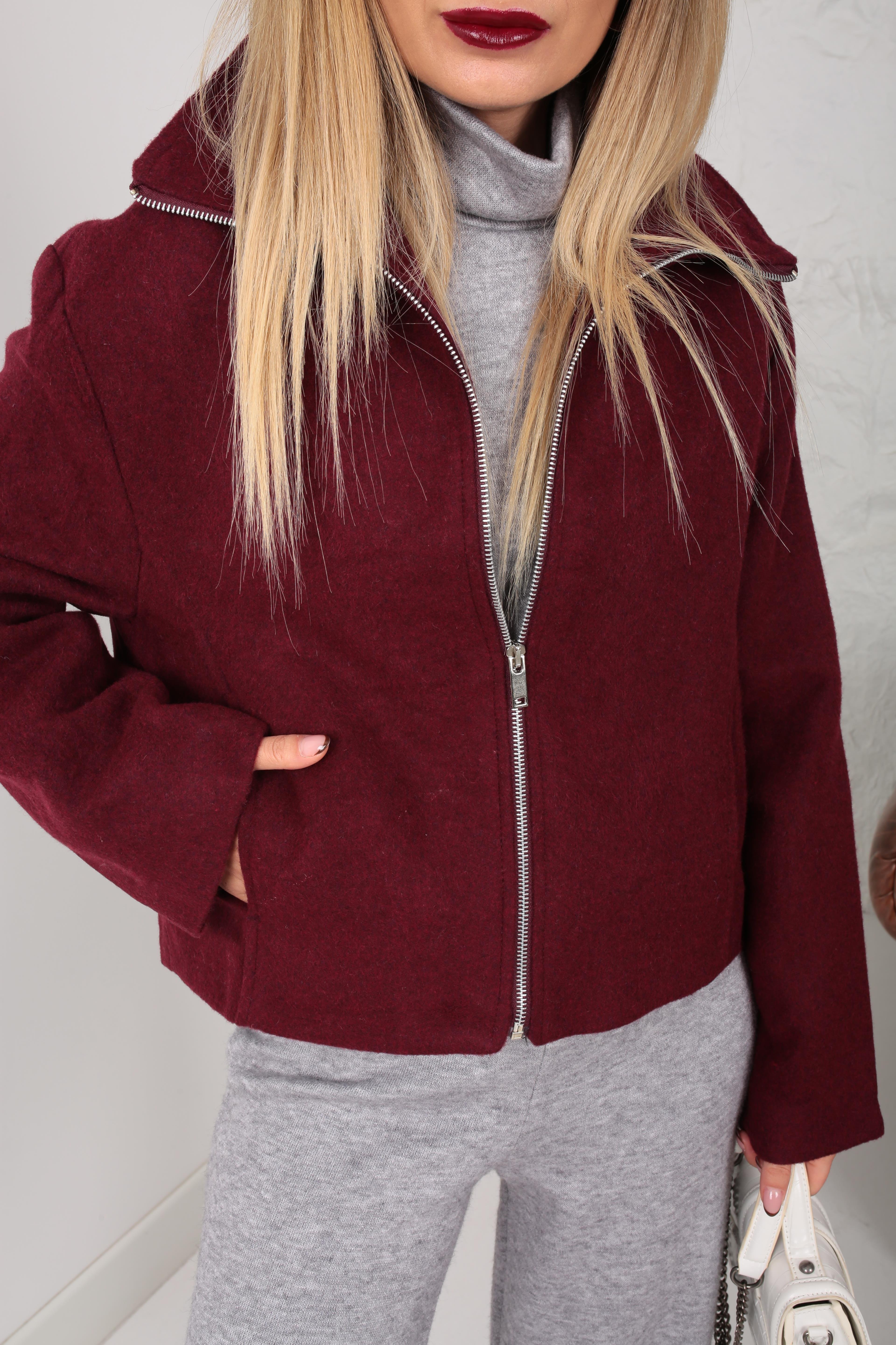 Bordo Dik Yaka Fermuarlı Kısa Kaşe Ceket CEKET