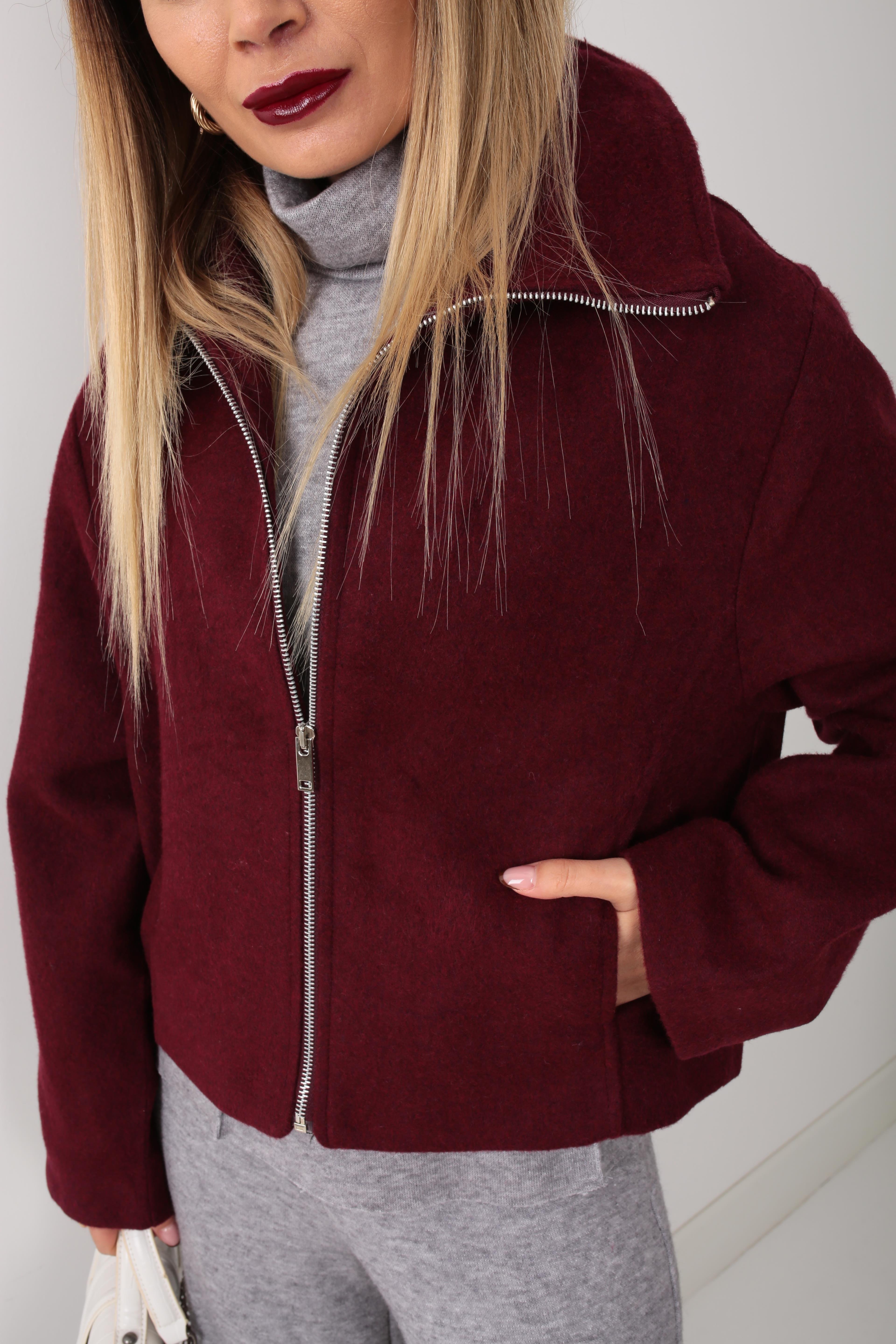 Bordo Dik Yaka Fermuarlı Kısa Kaşe Ceket CEKET