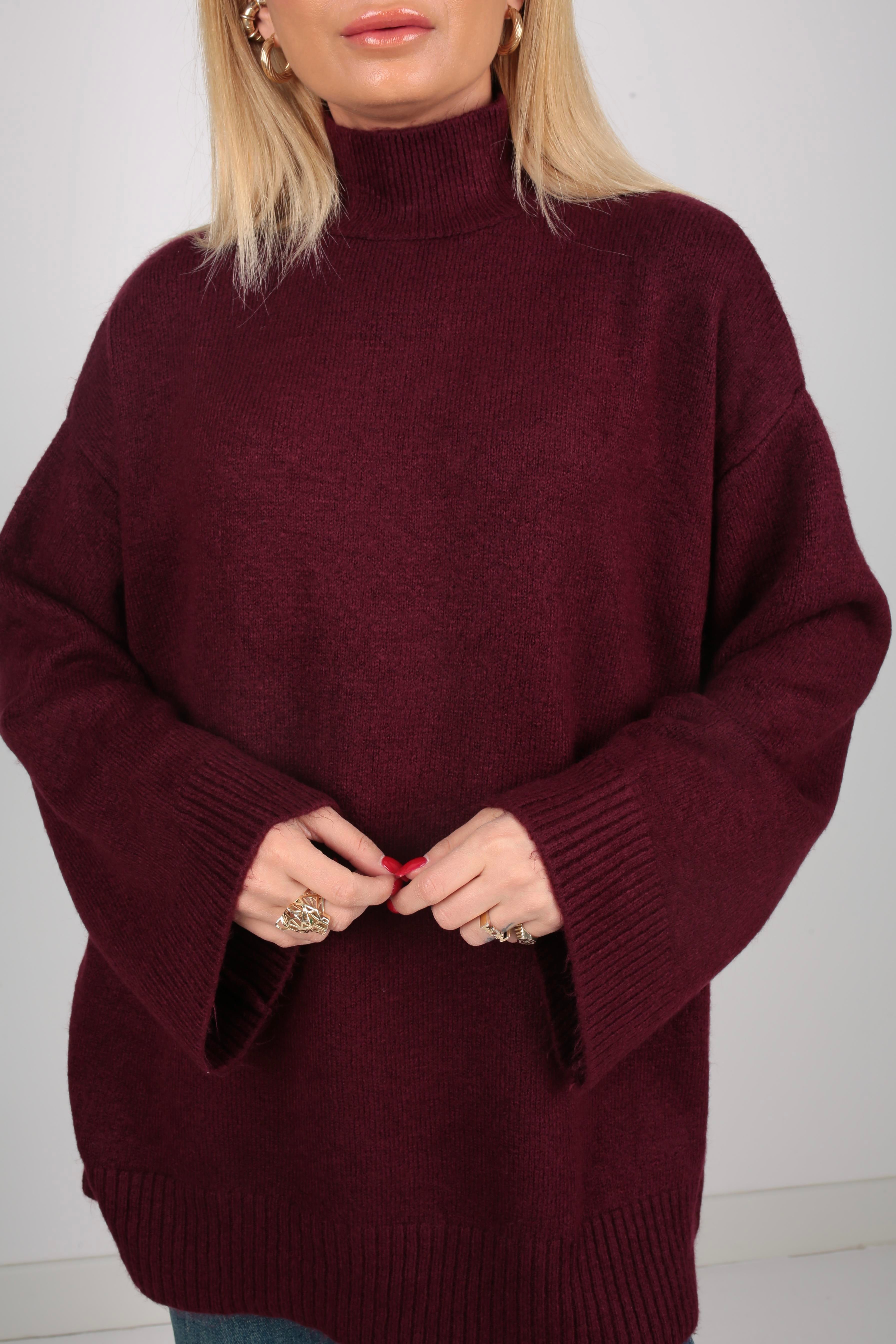 Bordo Dik Yaka Oversize Kazak TRİKO VE KAZAK