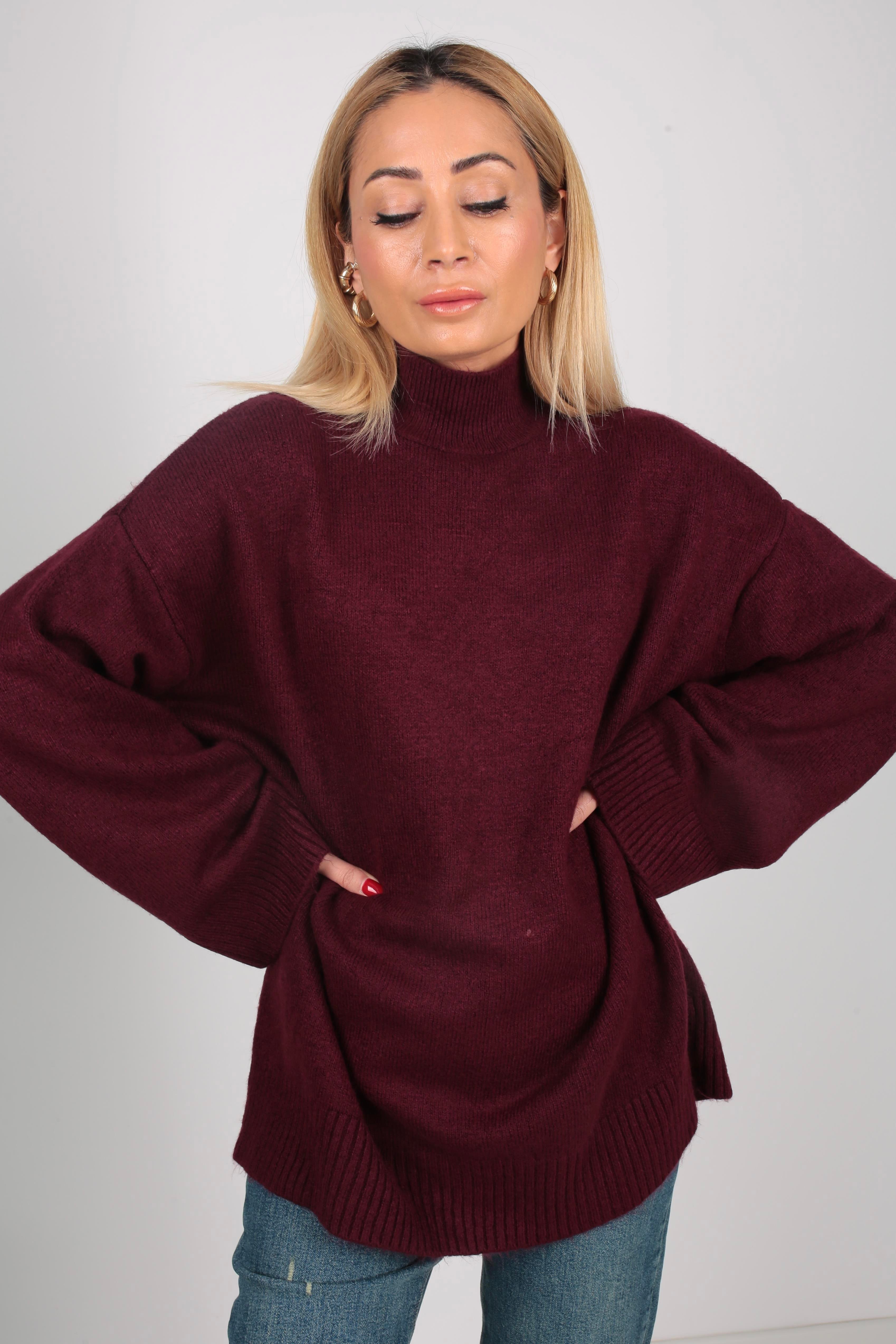 Bordo Dik Yaka Oversize Kazak TRİKO VE KAZAK