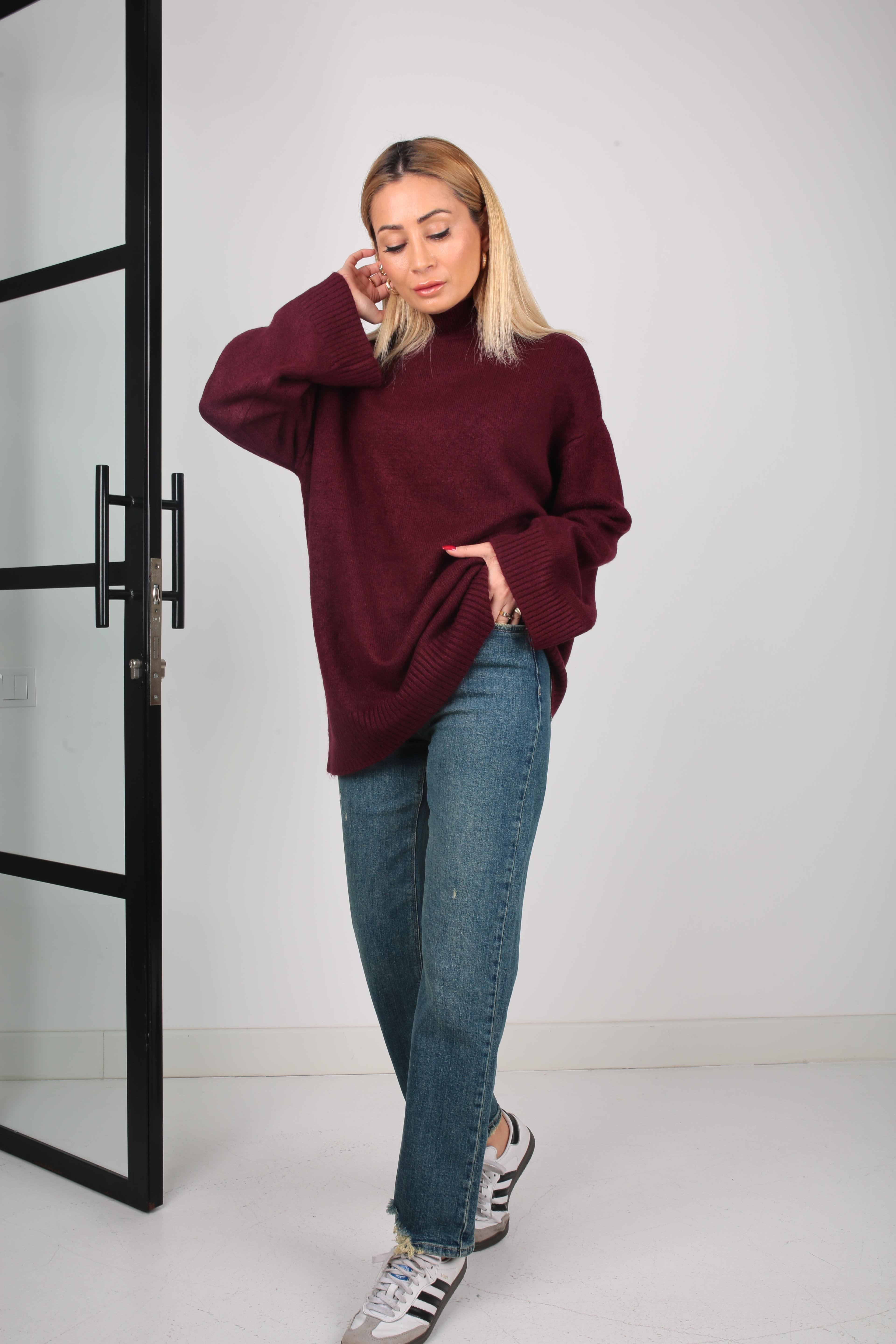 Bordo Dik Yaka Oversize Kazak TRİKO VE KAZAK