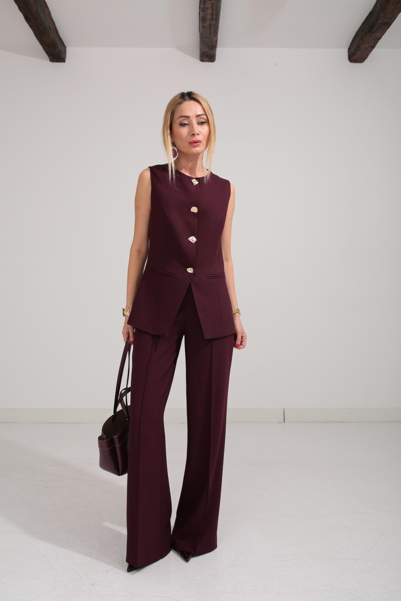 Bordo Karma Düğme Yelek Takım TAKIM | NO33