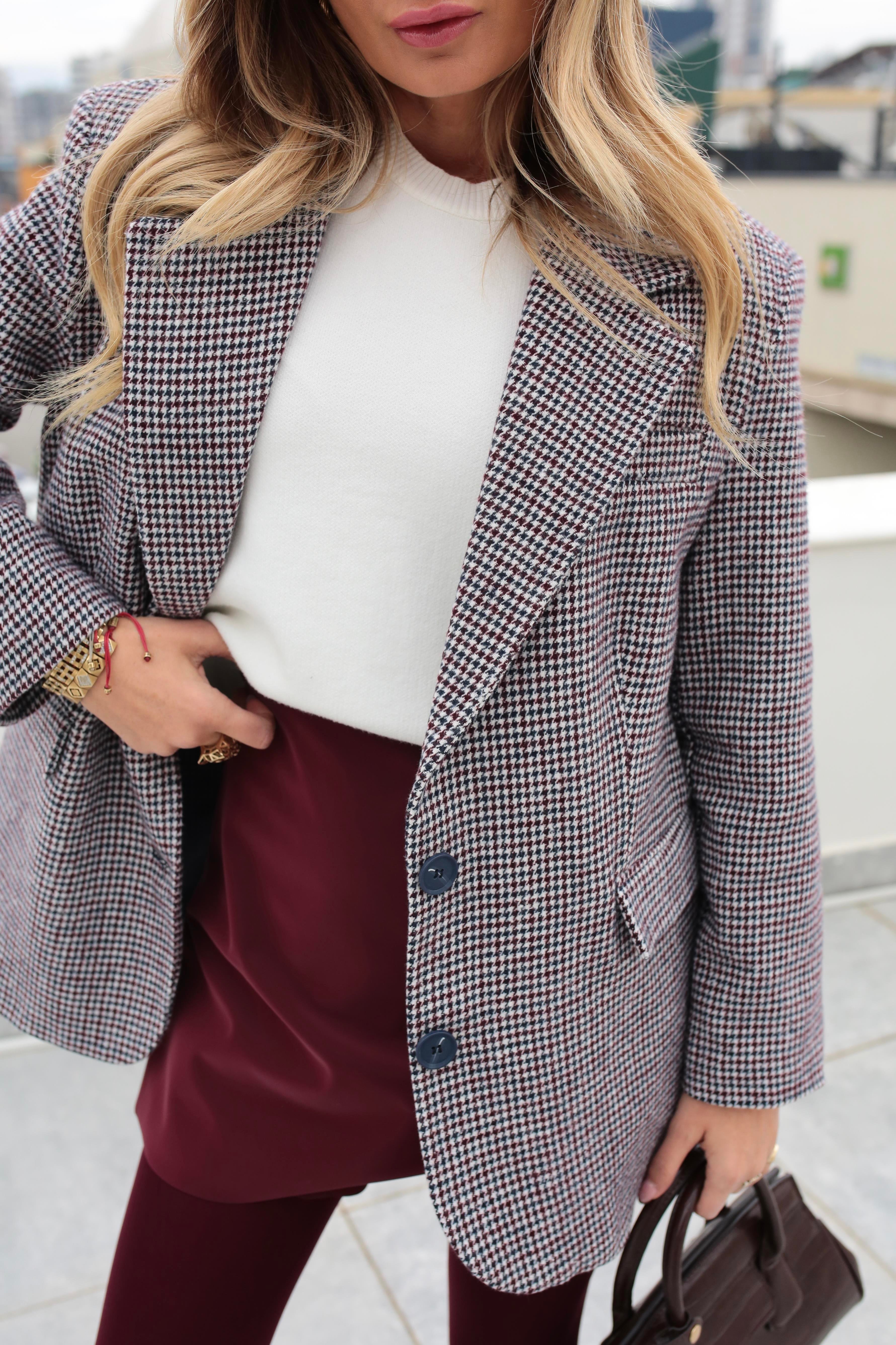 Bordo Kazayağı Desenli Blazer Ceket CEKET