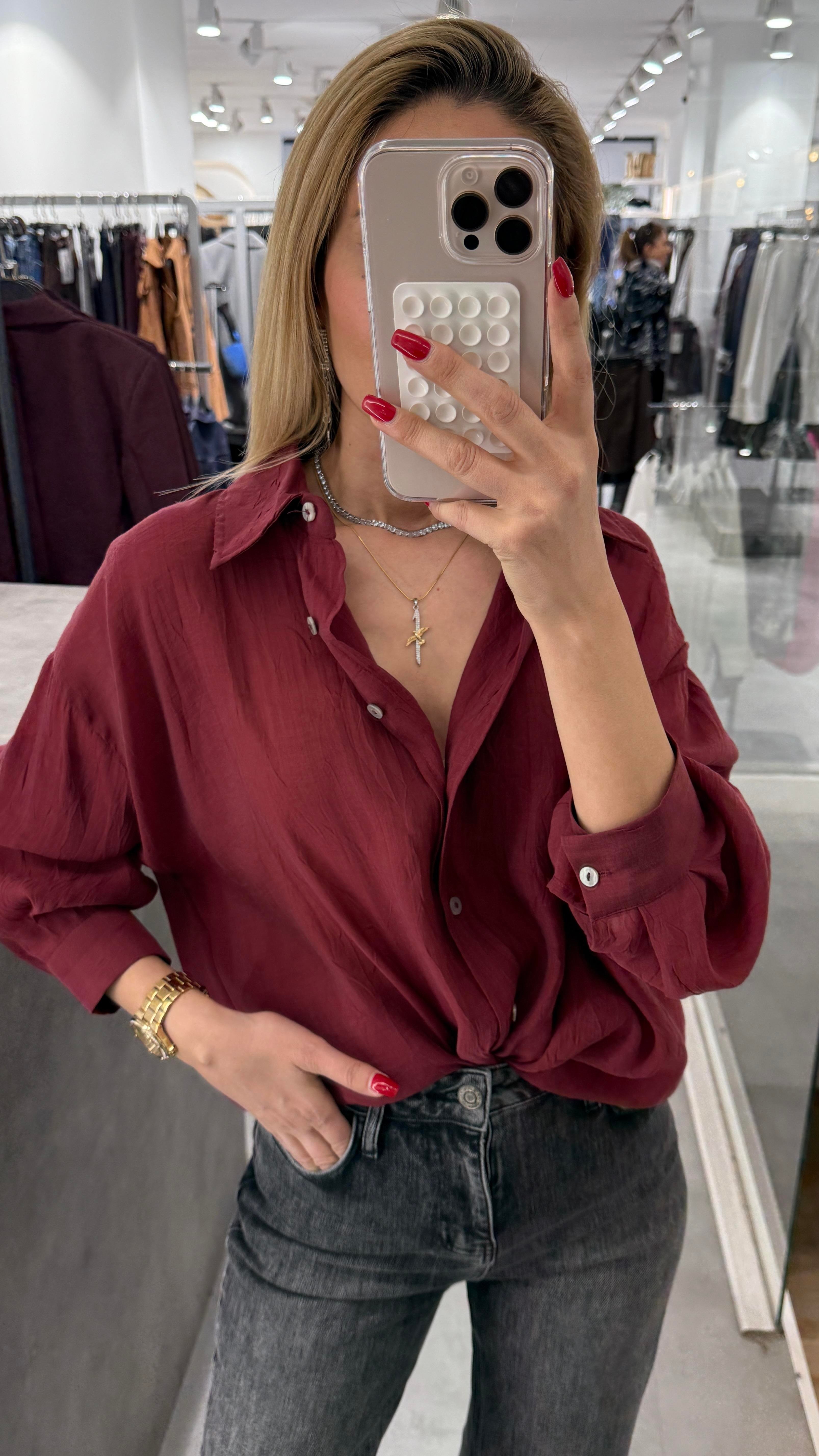 Bordo Kırışık Oversize Gömlek GÖMLEK