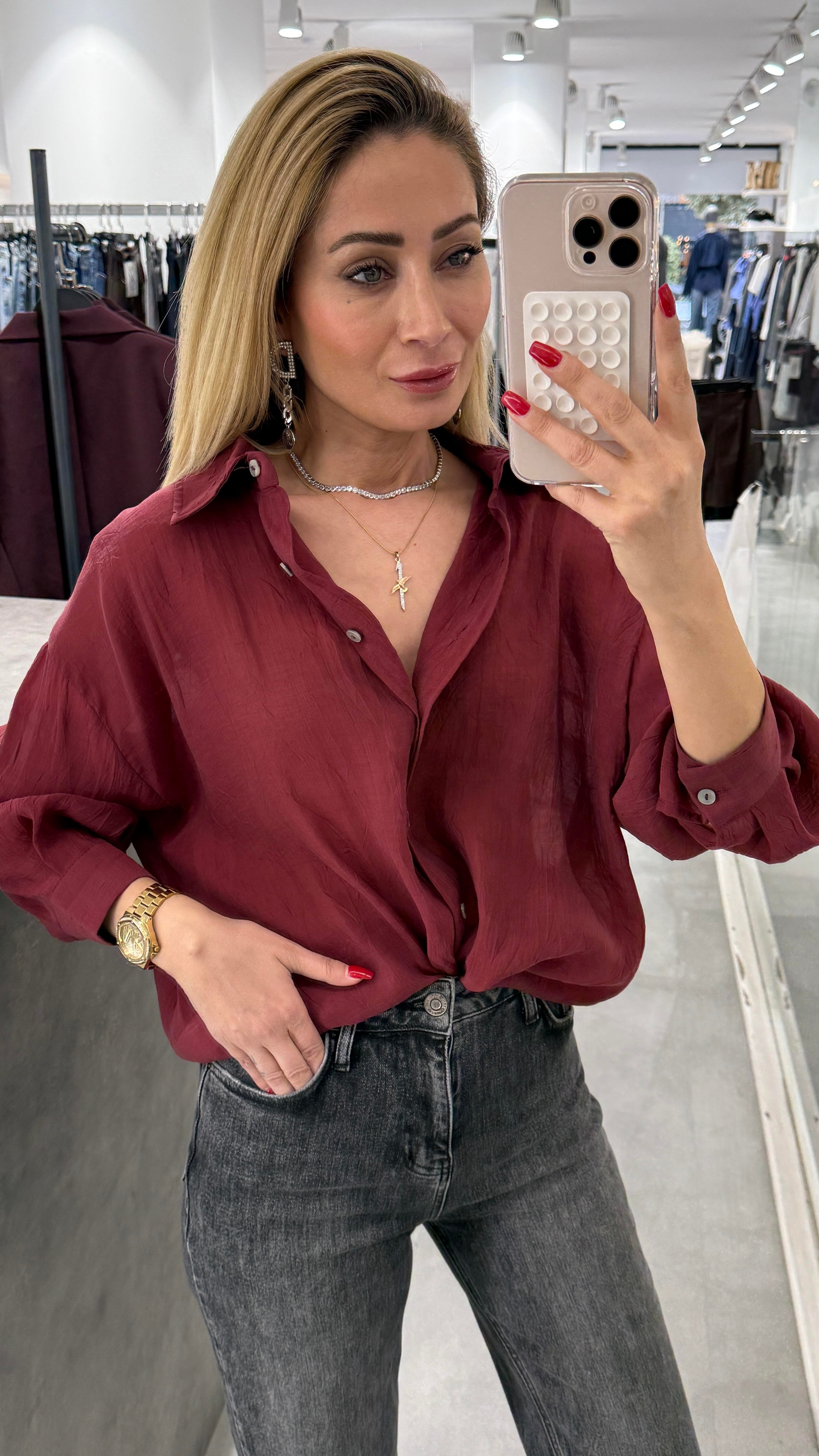 Bordo Kırışık Oversize Gömlek GÖMLEK