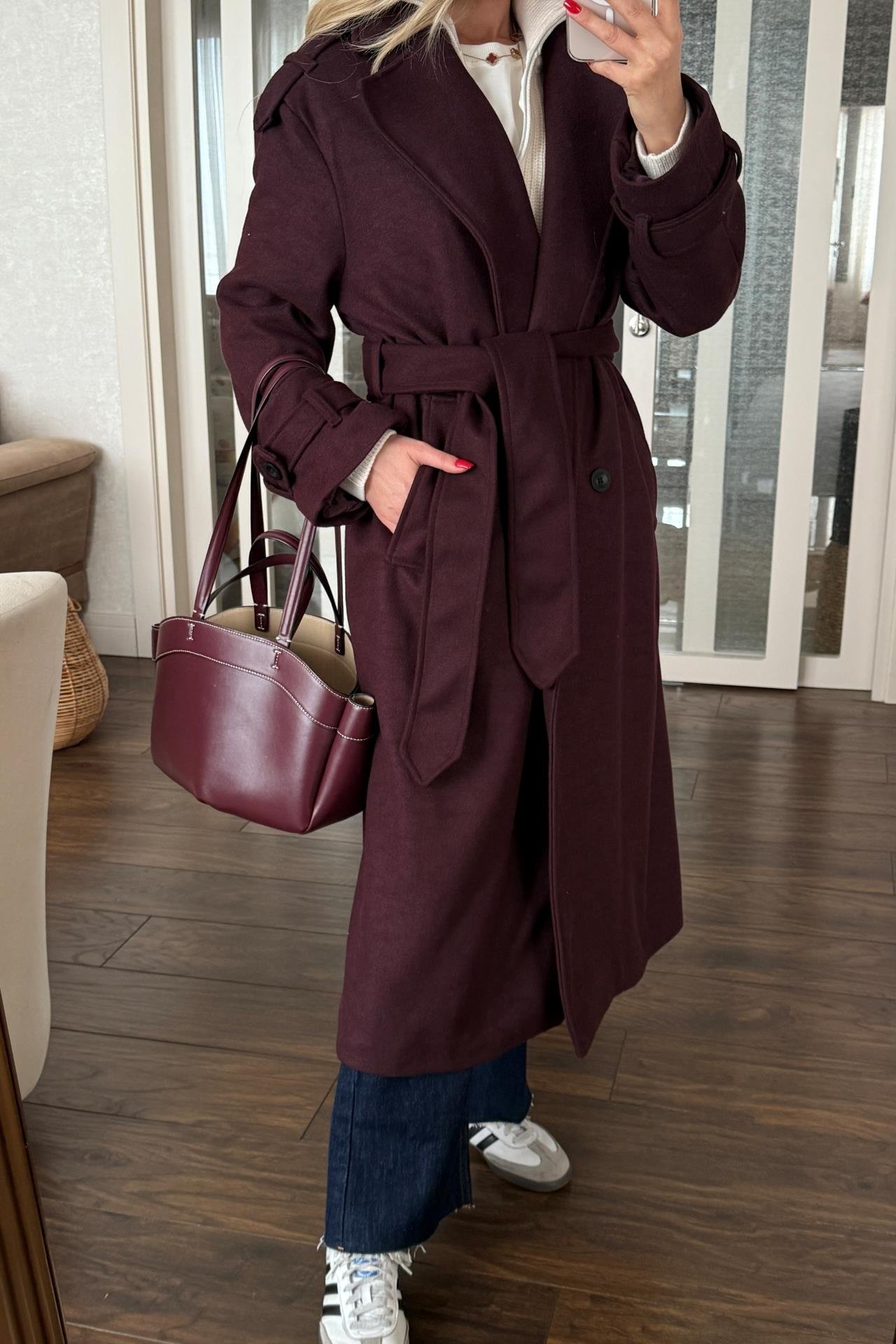 Bordo Kuşaklı Kaşe Kaban KABAN