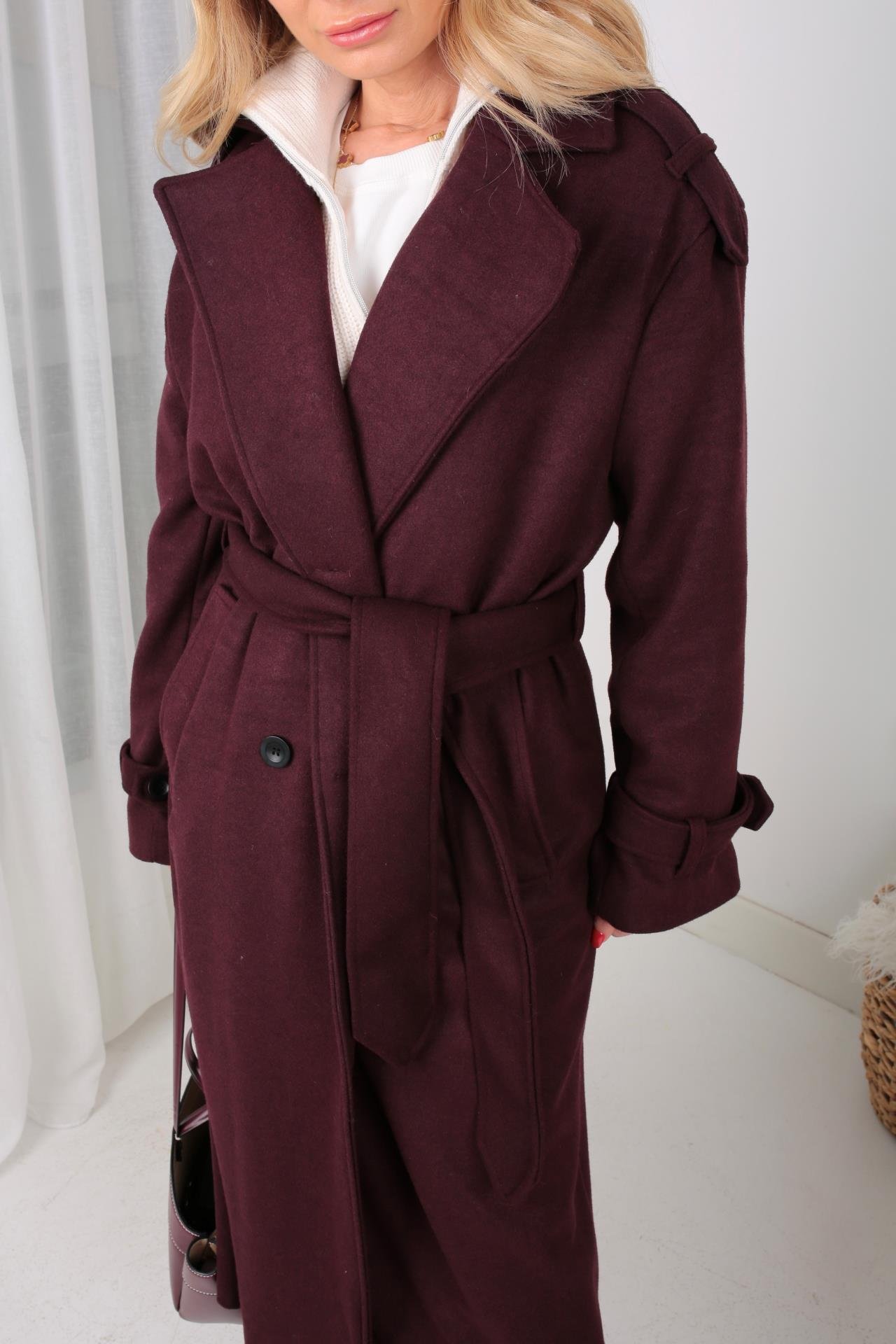 Bordo Kuşaklı Kaşe Kaban KABAN