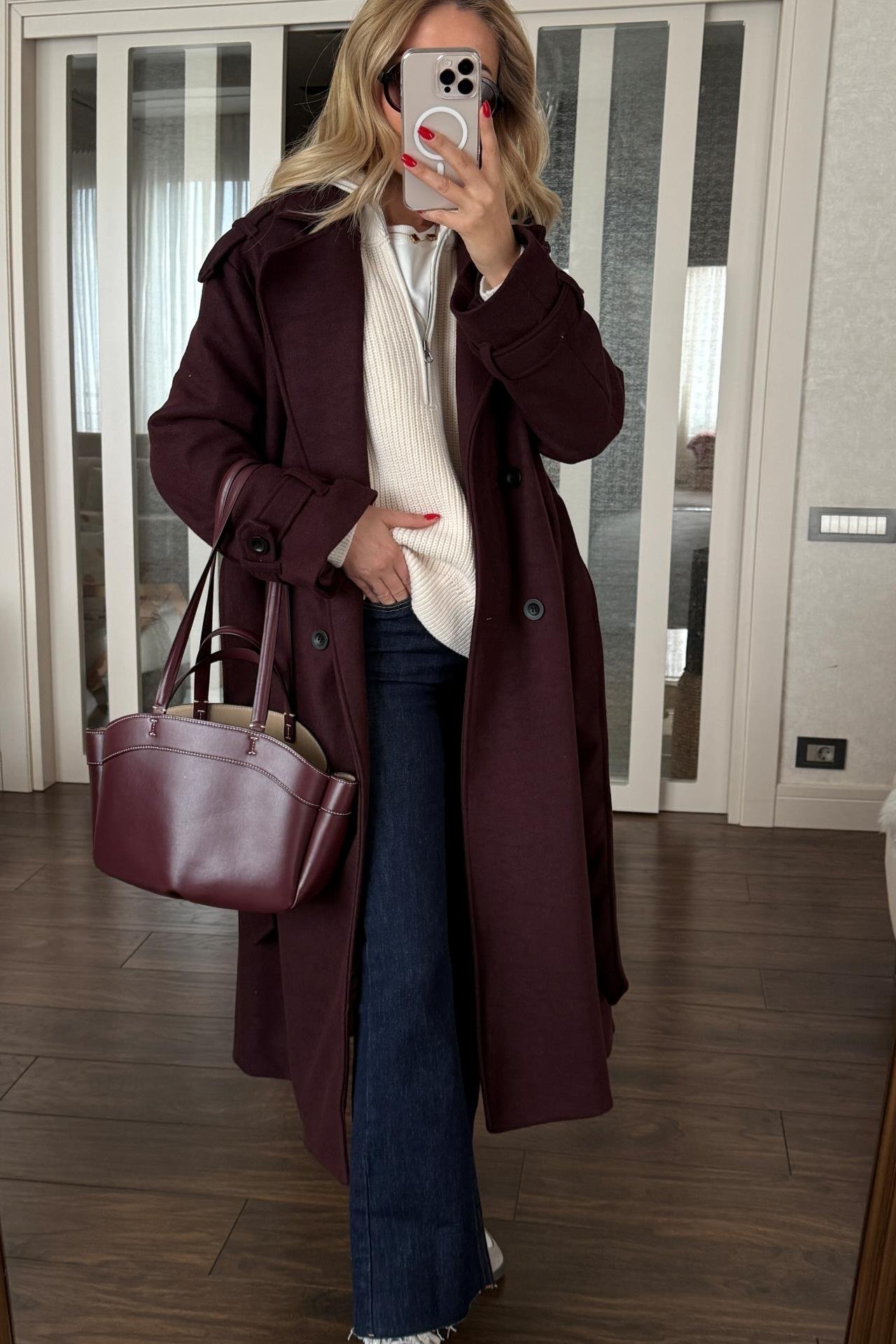 Bordo Kuşaklı Kaşe Kaban KABAN