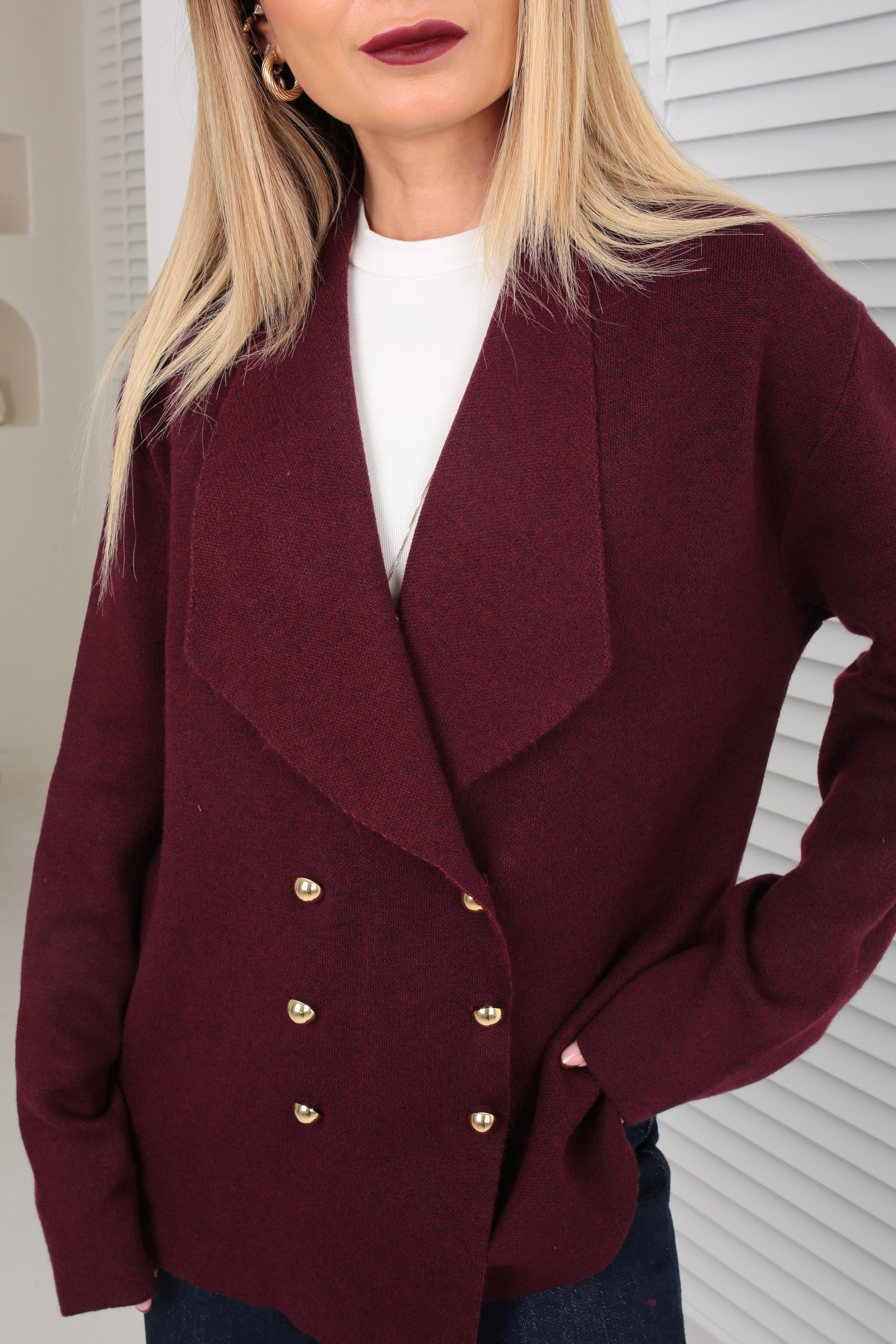 Bordo Şal Yaka Gold Düğmeli Hırka HIRKA