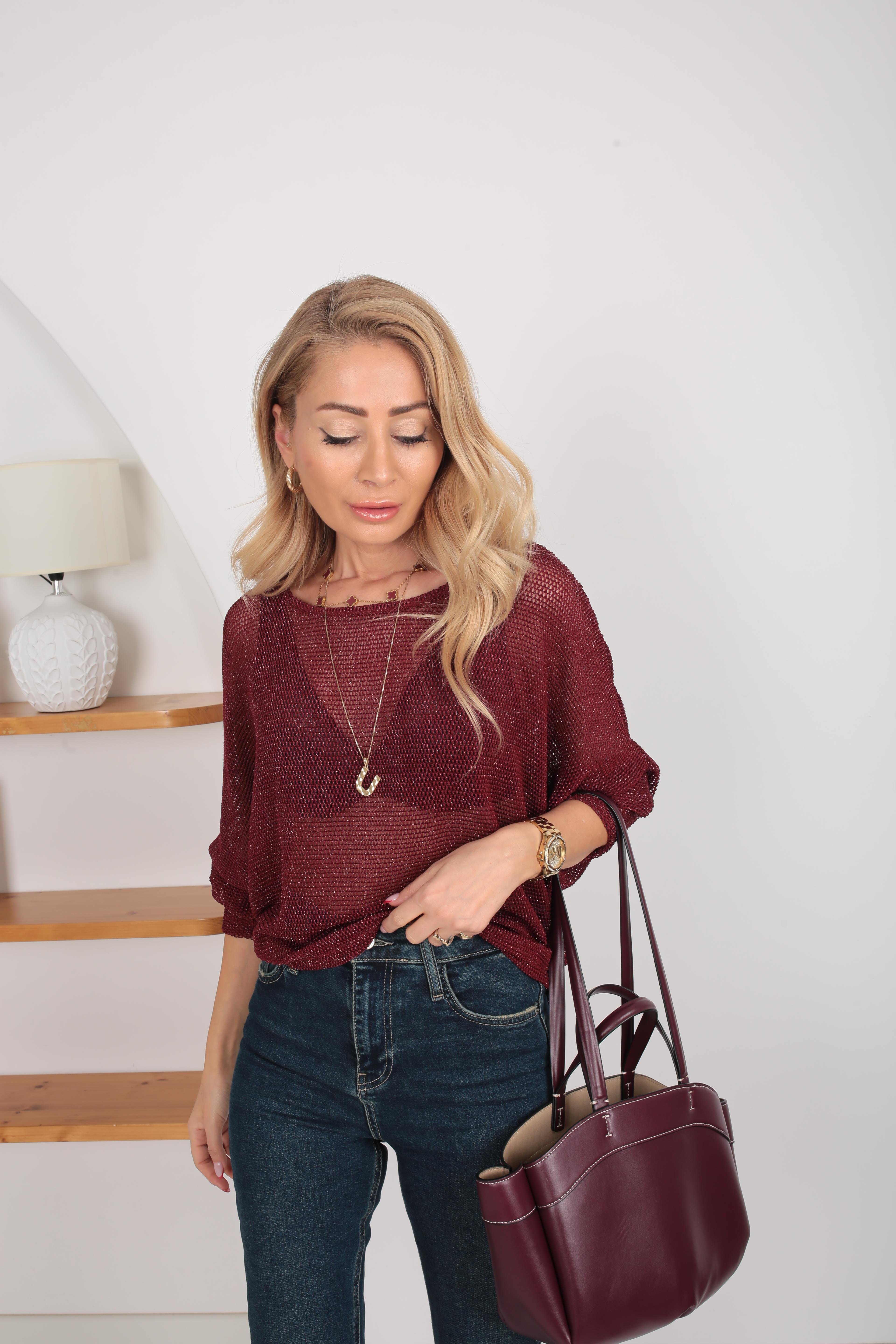 Bordo Simli File Bluz BLUZ