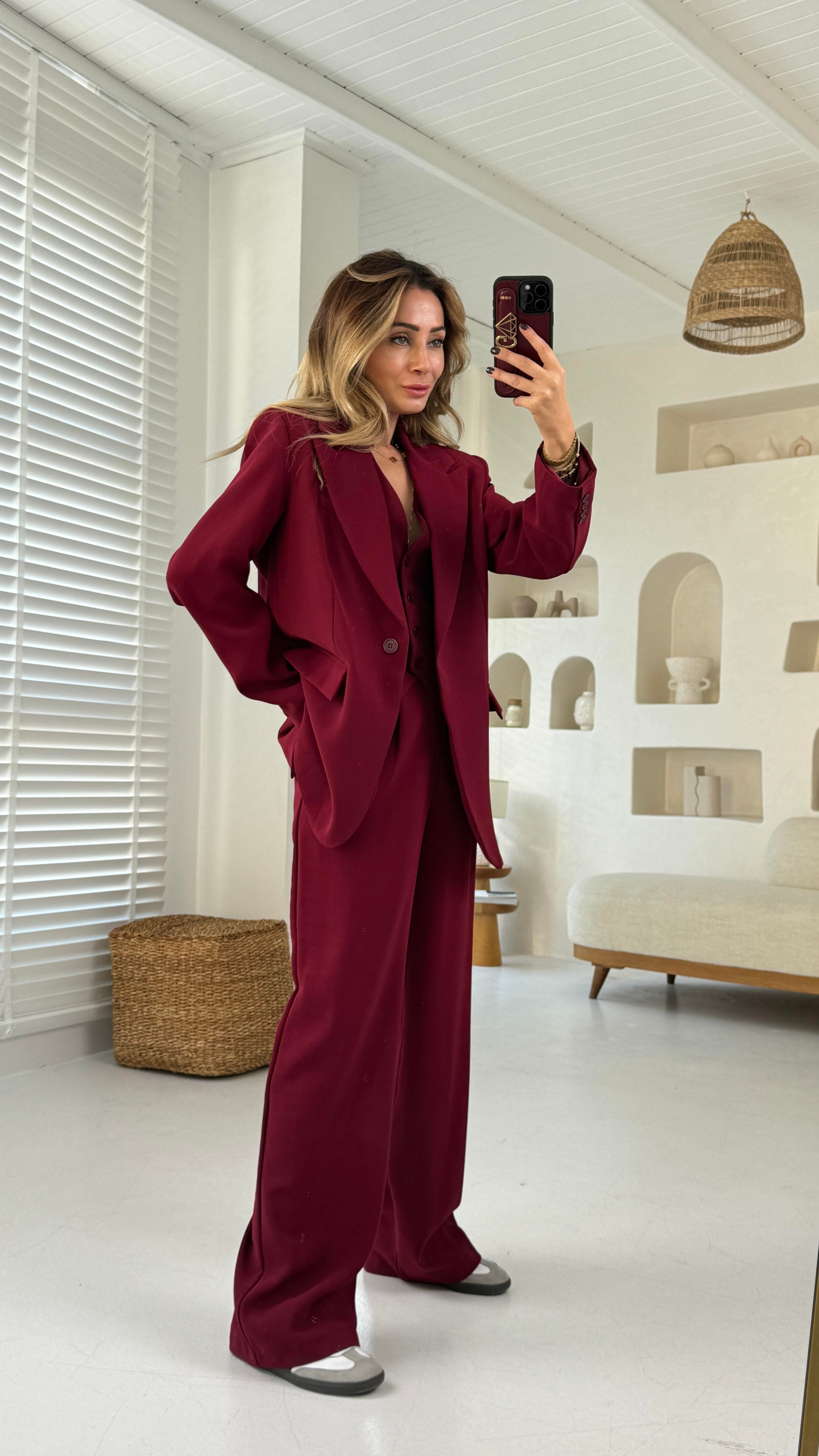 Bordo Yelekli Tek Düğme Takım TAKIM