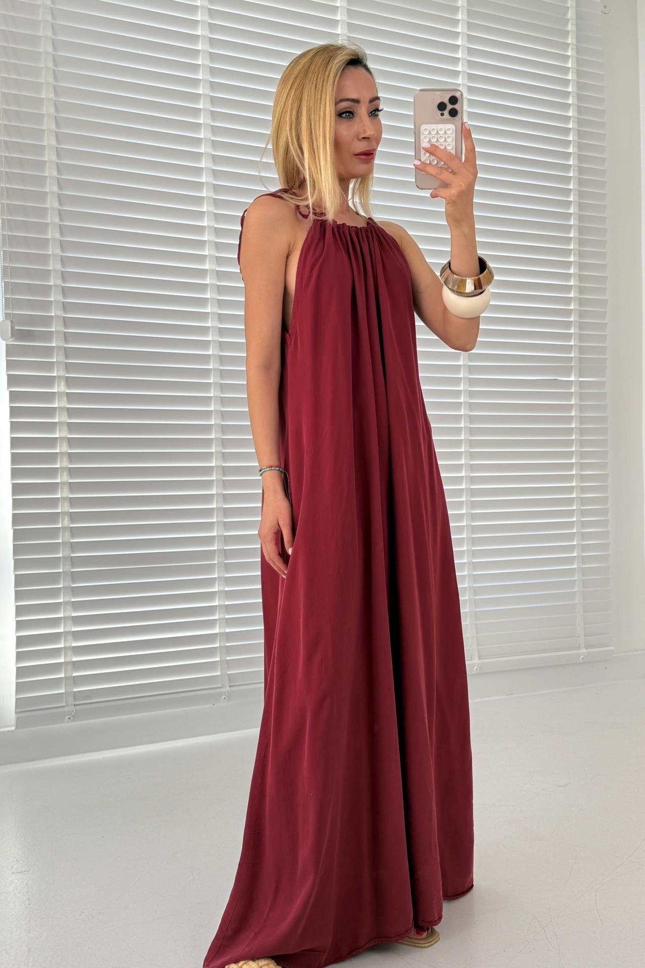 Boyundan Bağlamalı Bordo Uzun Elbise ELBİSE | NO33