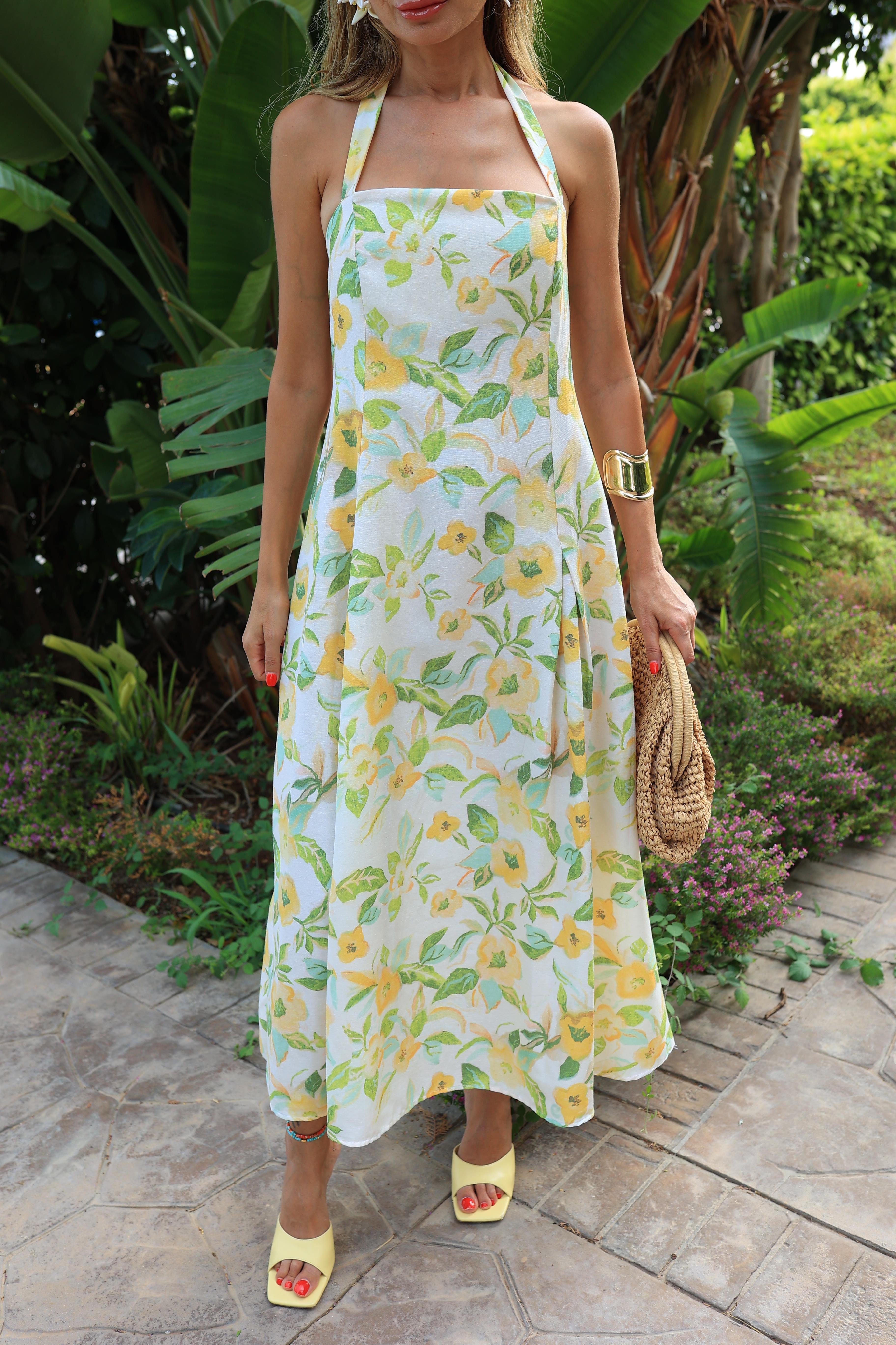 Boyundan Bağlamalı Sarı Çiçekli Keten Elbise ELBİSE | NO33