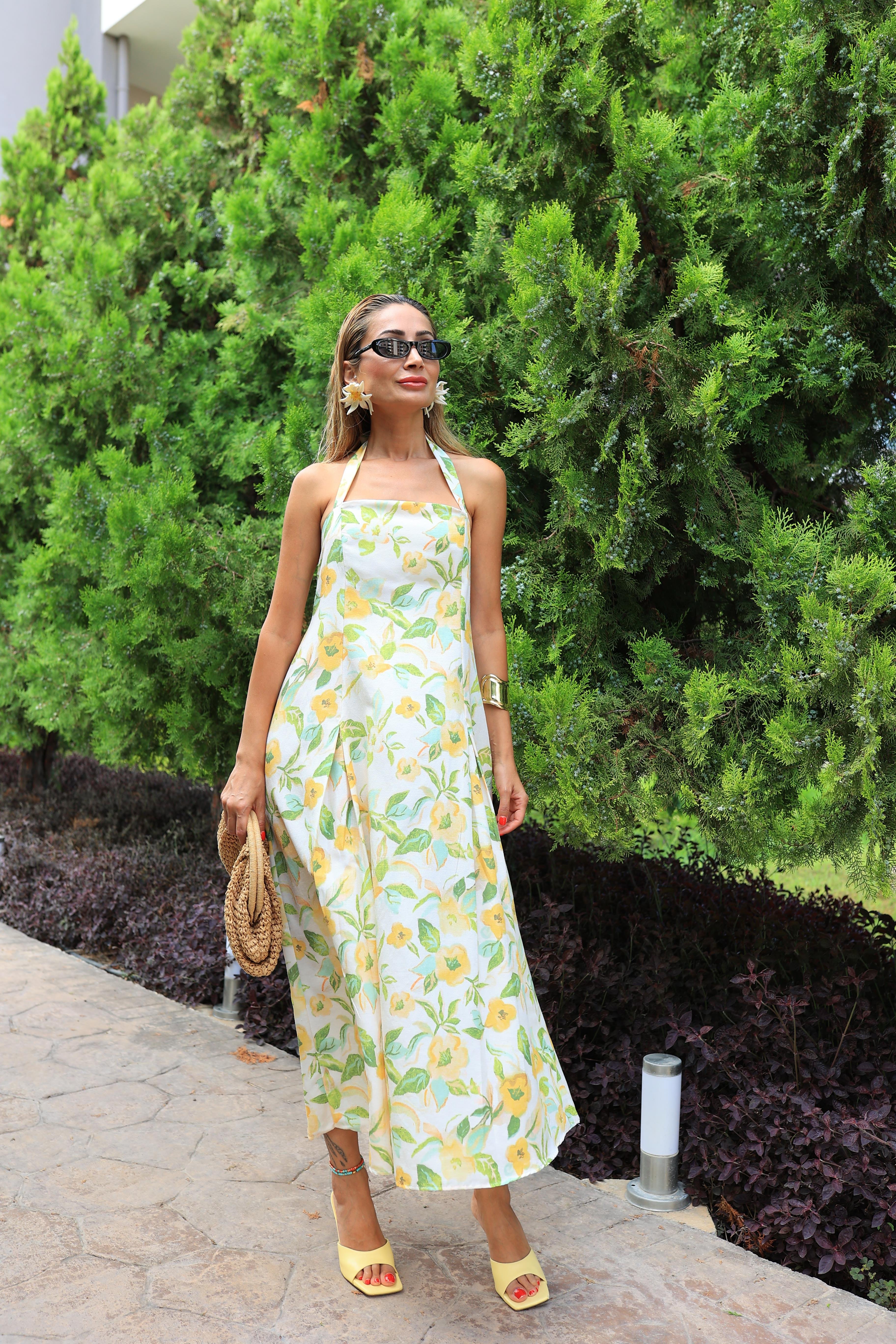 Boyundan Bağlamalı Sarı Çiçekli Keten Elbise ELBİSE | NO33