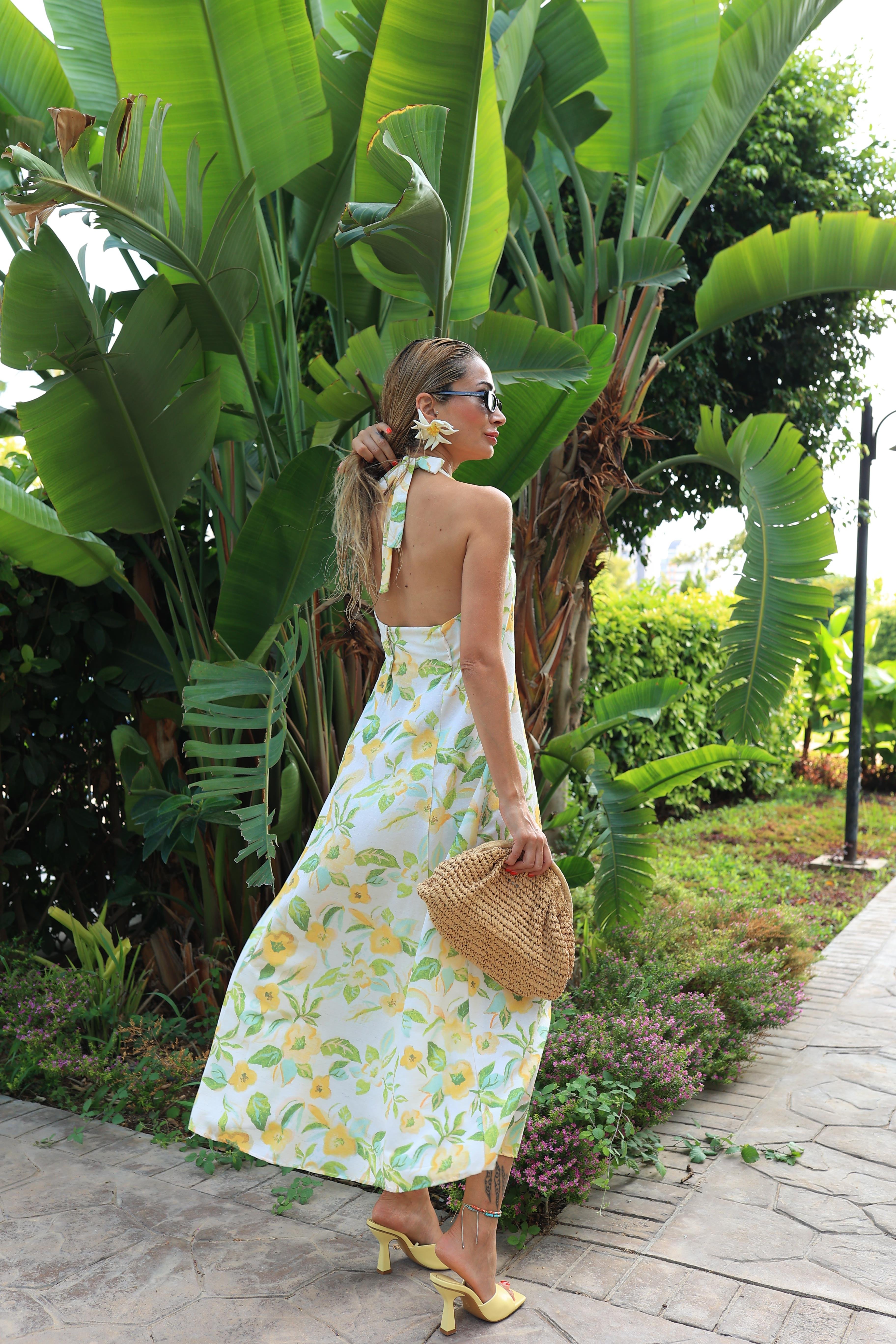 Boyundan Bağlamalı Sarı Çiçekli Keten Elbise ELBİSE | NO33