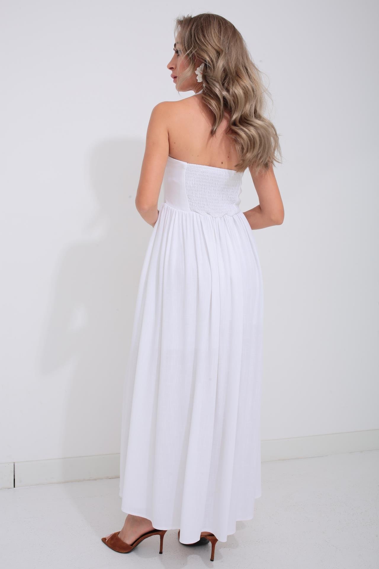 Boyundan Bağlı Astarlı Ekru Keten Elbise ELBİSE | NO33