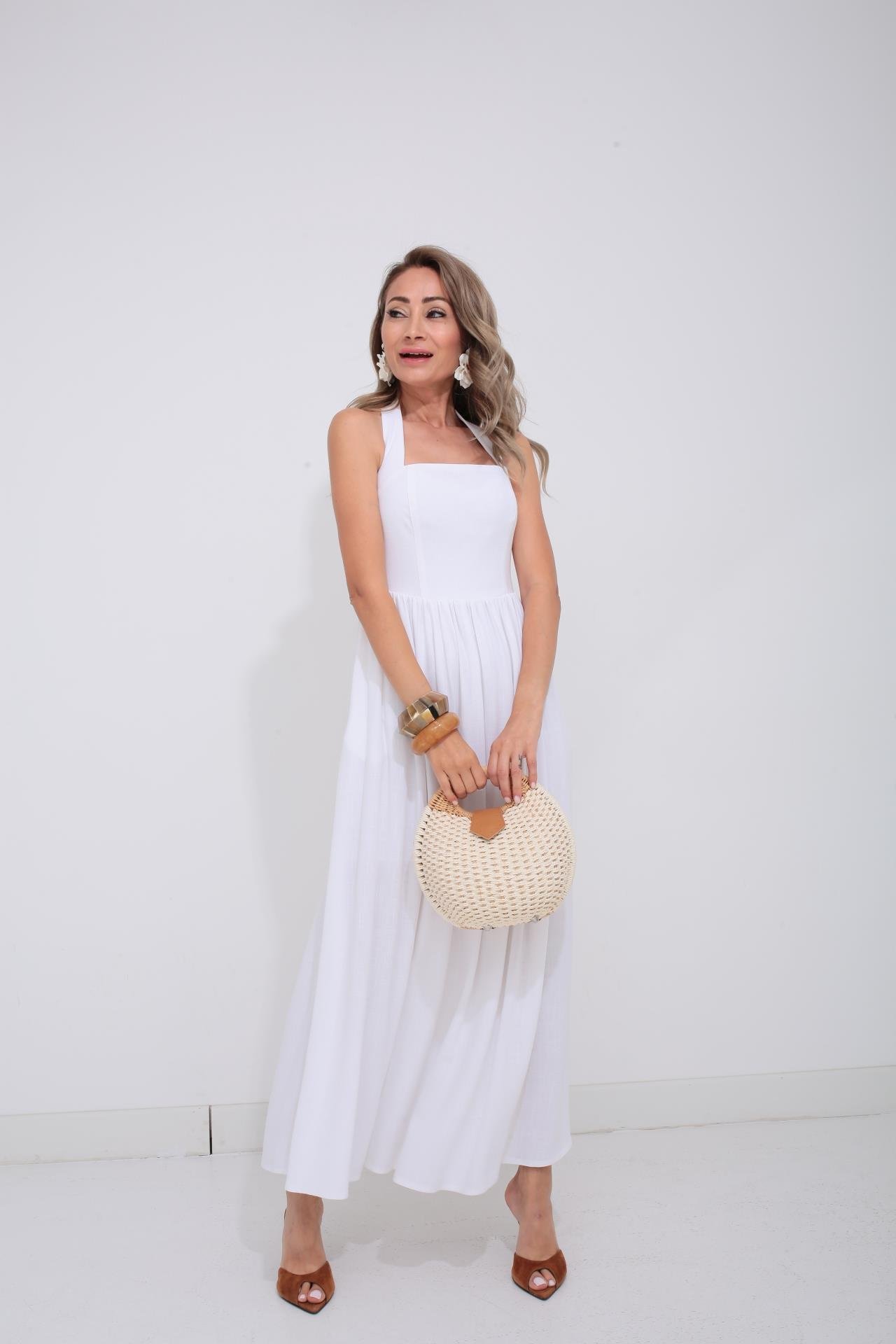 Boyundan Bağlı Astarlı Ekru Keten Elbise ELBİSE | NO33