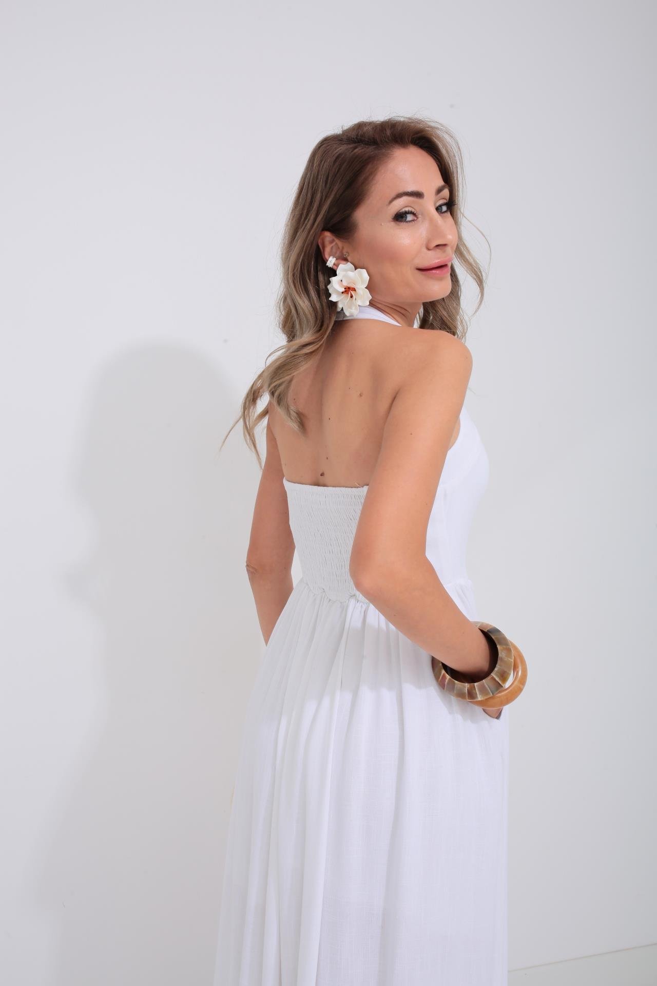 Boyundan Bağlı Astarlı Ekru Keten Elbise ELBİSE | NO33