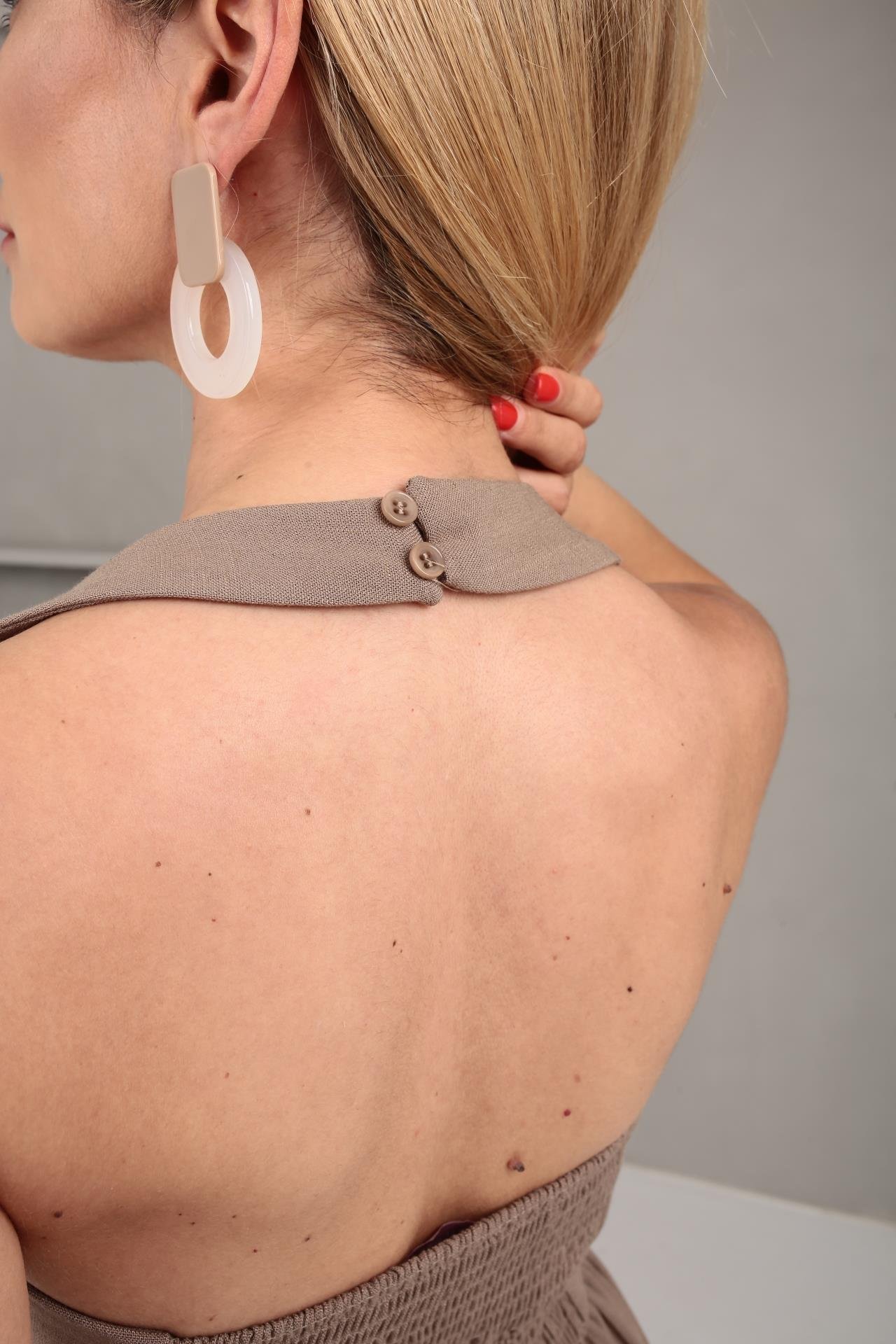 Boyundan Bağlı Astarlı Vizon Keten Elbise ELBİSE | NO33