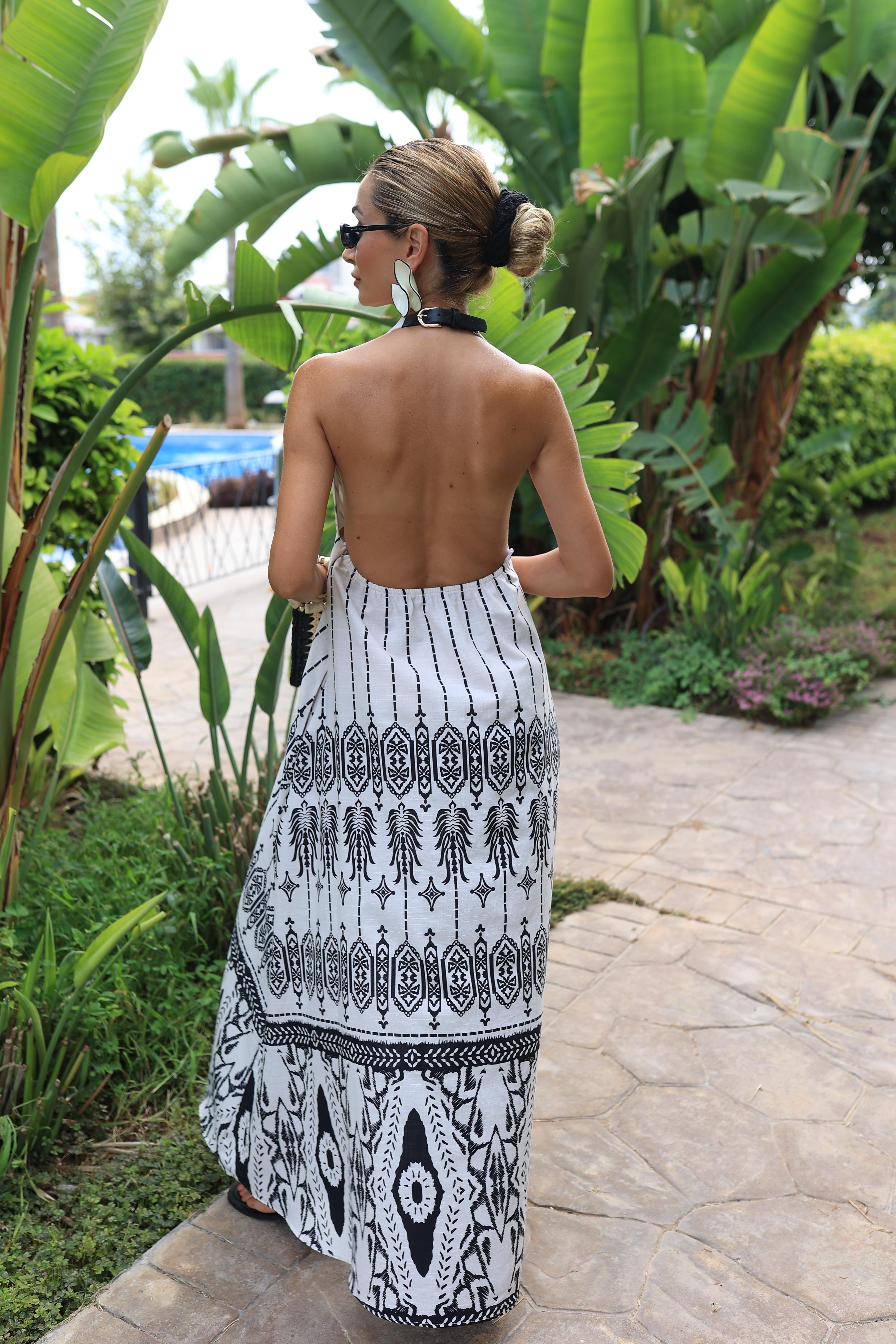 Boyundan Kemerli Siyah Baskılı Keten Elbise ELBİSE | NO33