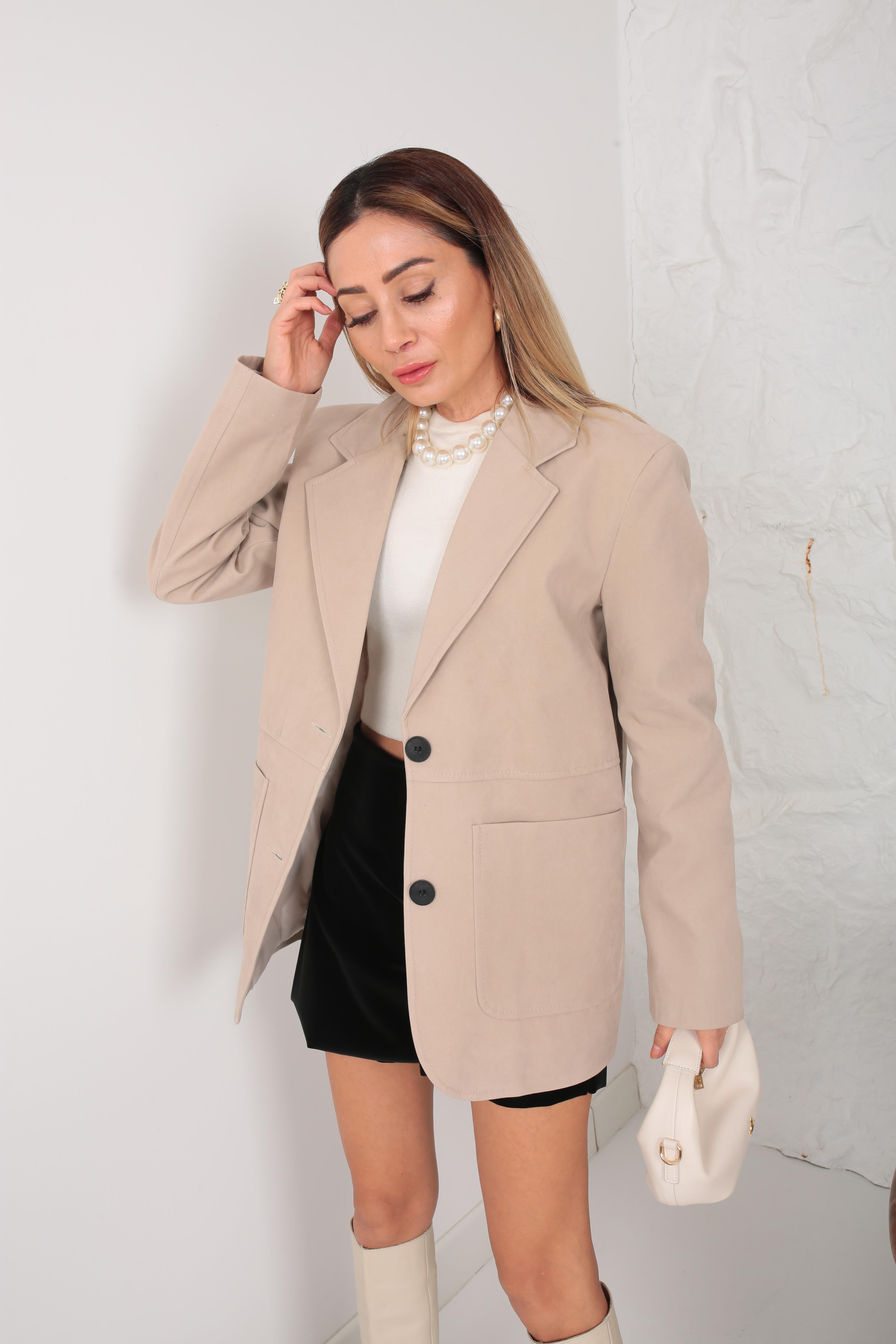 Büyük Cepli Bej Süet Blazer Ceket CEKET