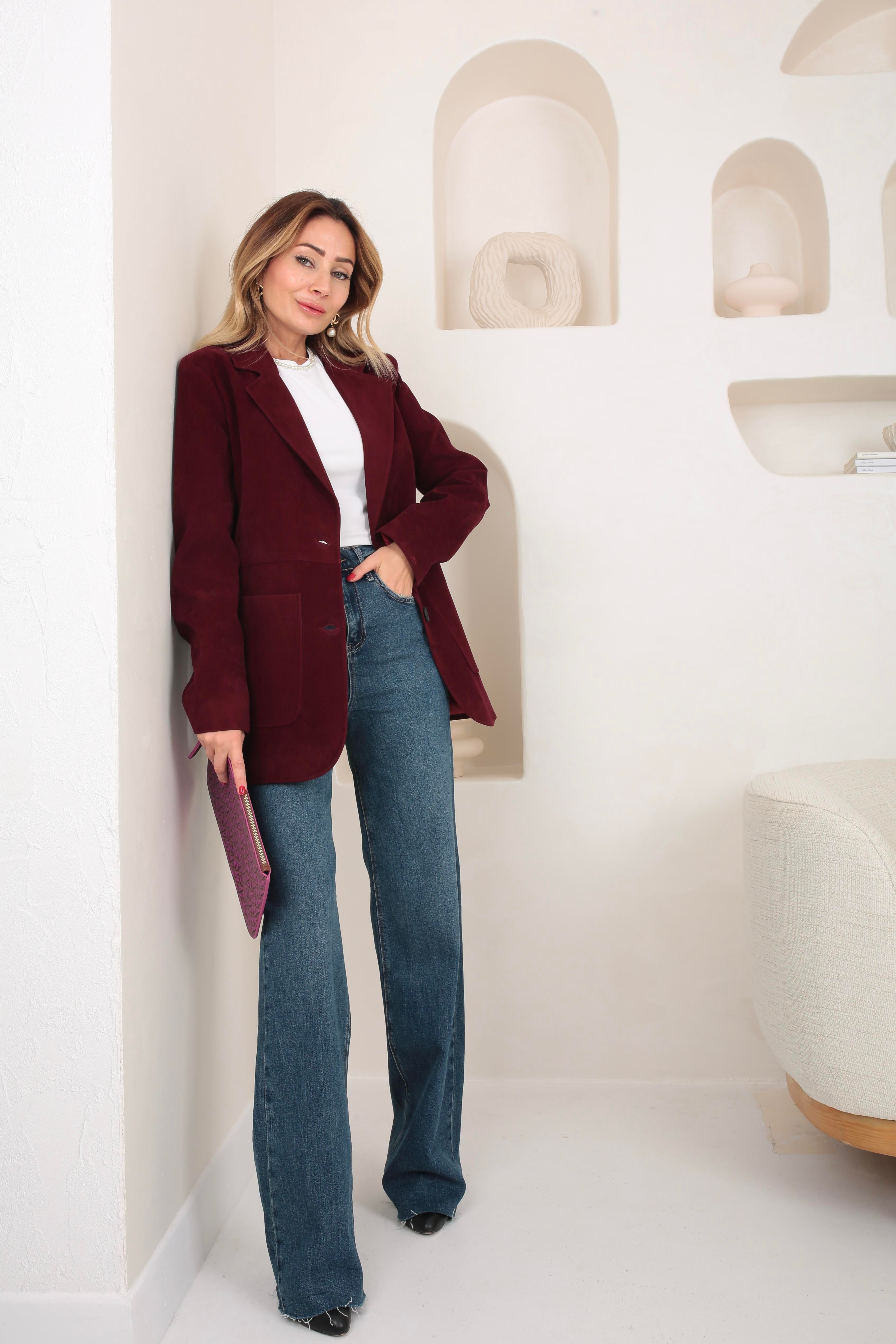 Büyük Cepli Bordo Süet Blazer Ceket CEKET