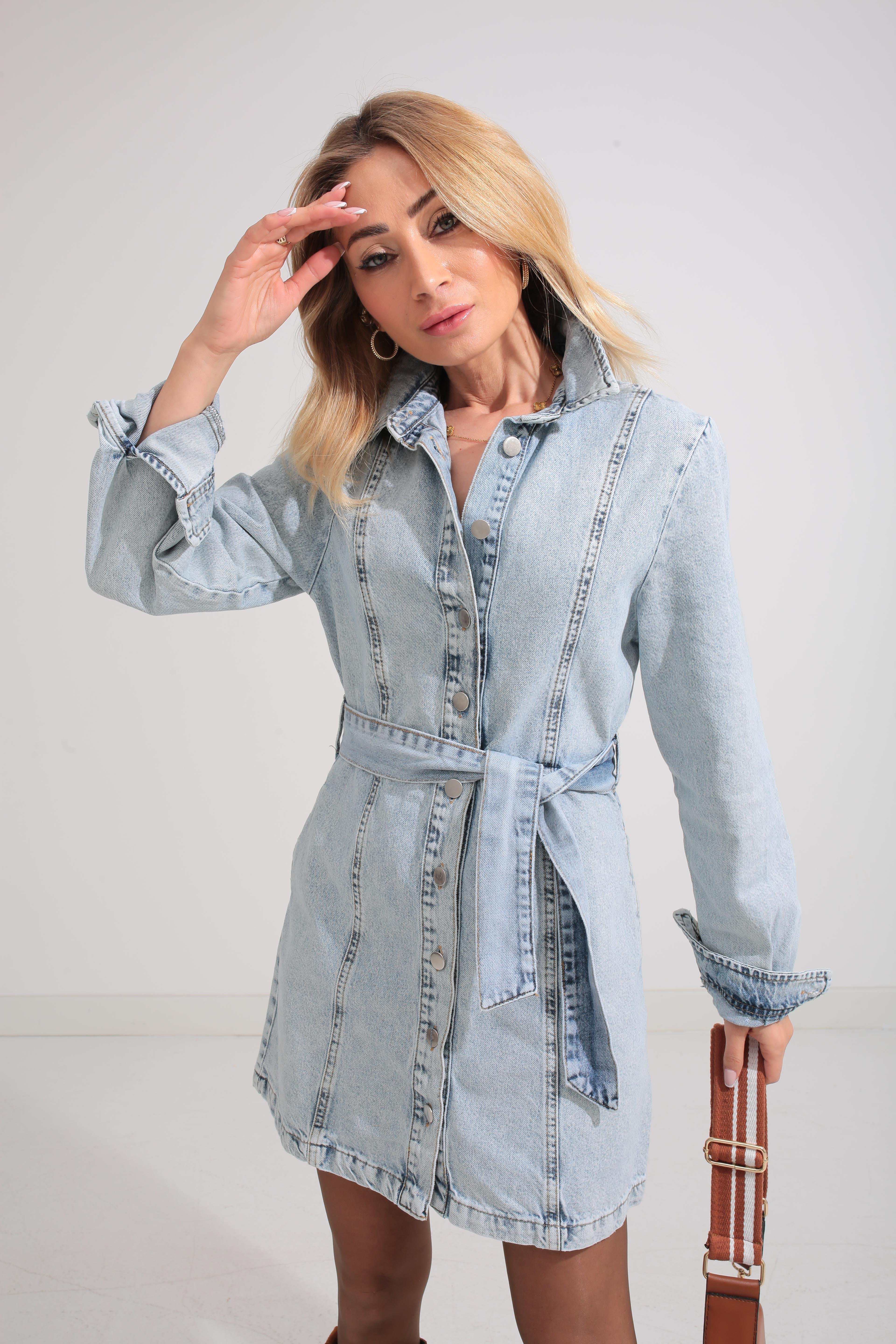 Buz Mavi Kemerli Denim Elbise ELBİSE