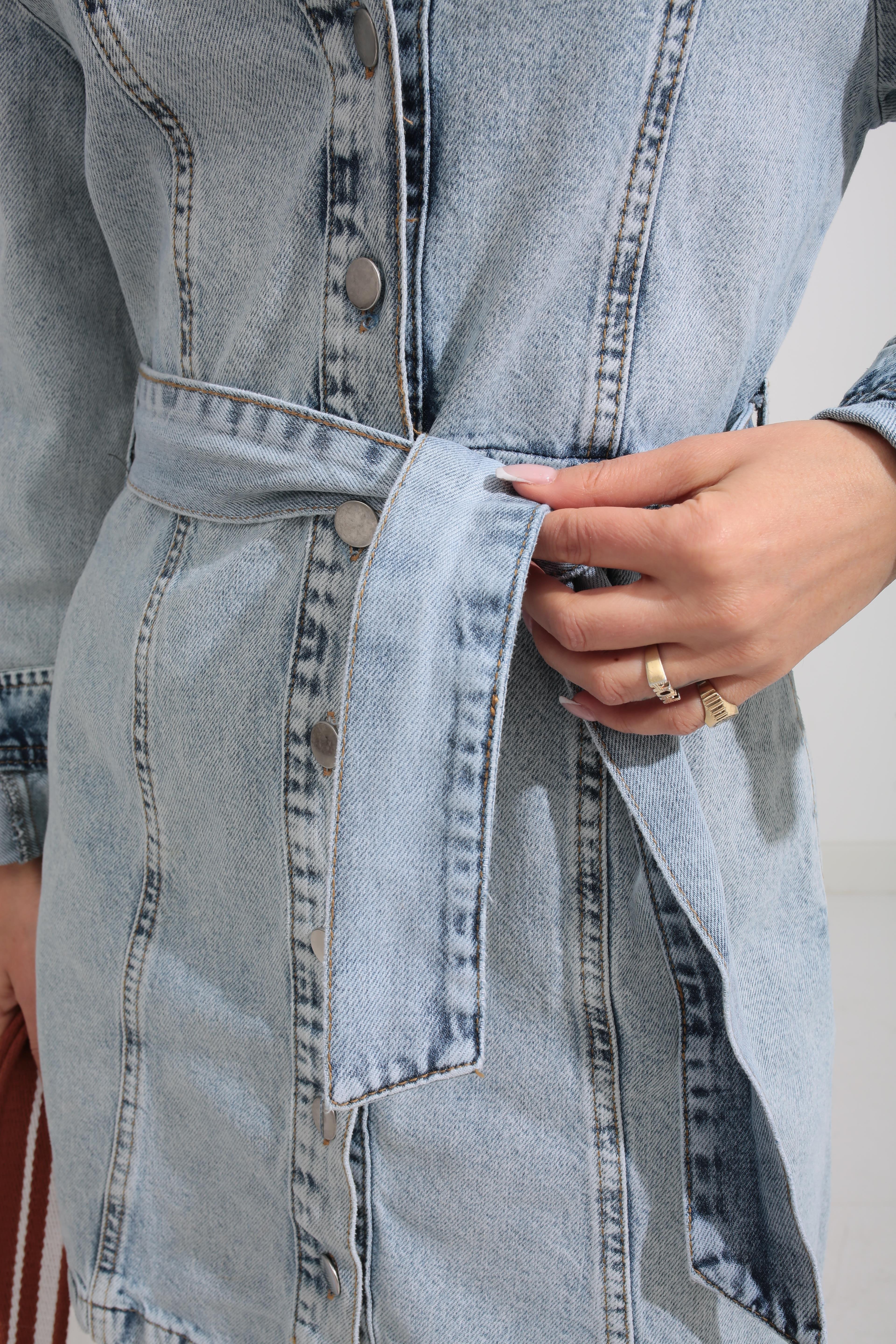 Buz Mavi Kemerli Denim Elbise ELBİSE