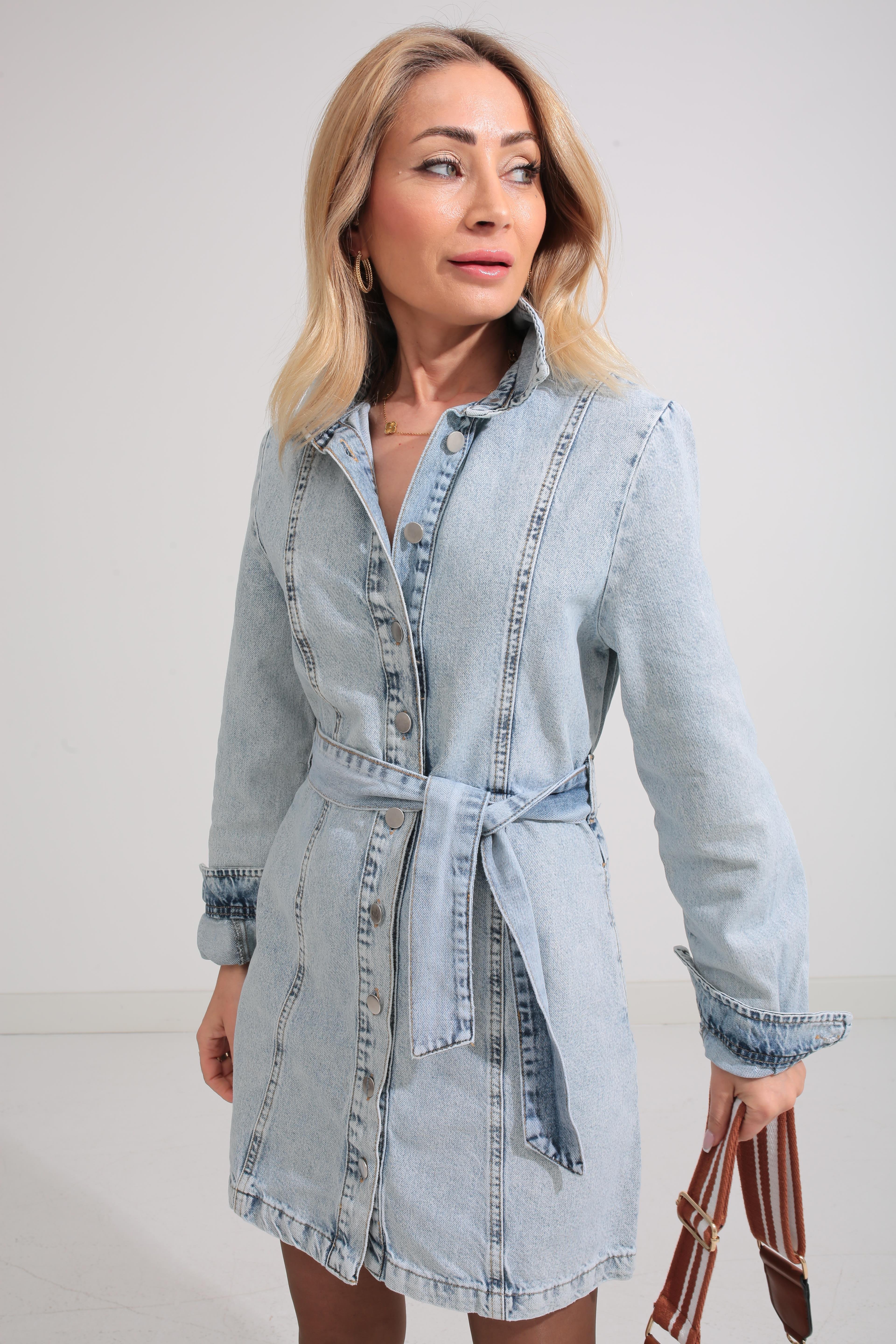 Buz Mavi Kemerli Denim Elbise ELBİSE