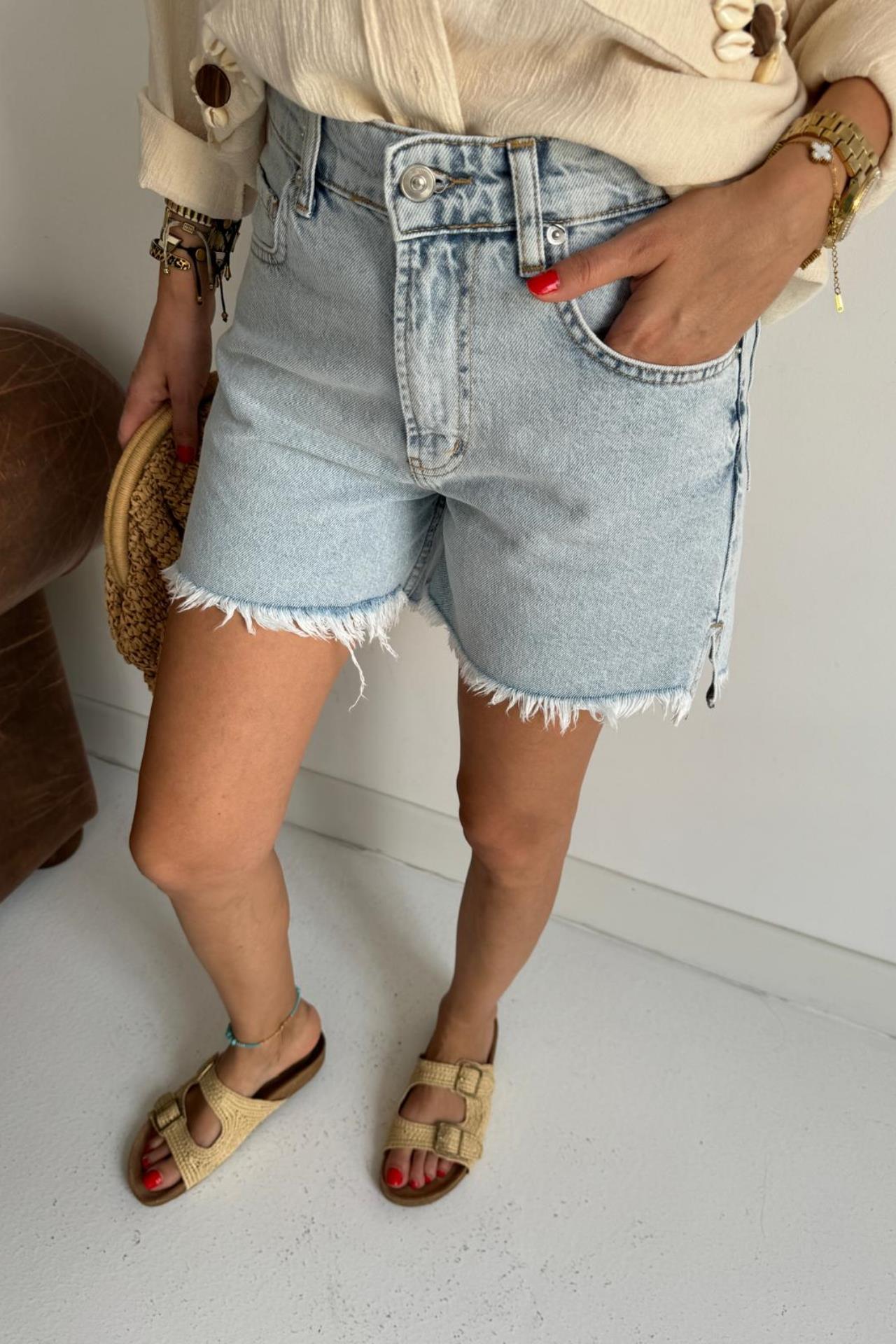 Buz Mavi Yırtmaçlı Denim Şort ŞORT