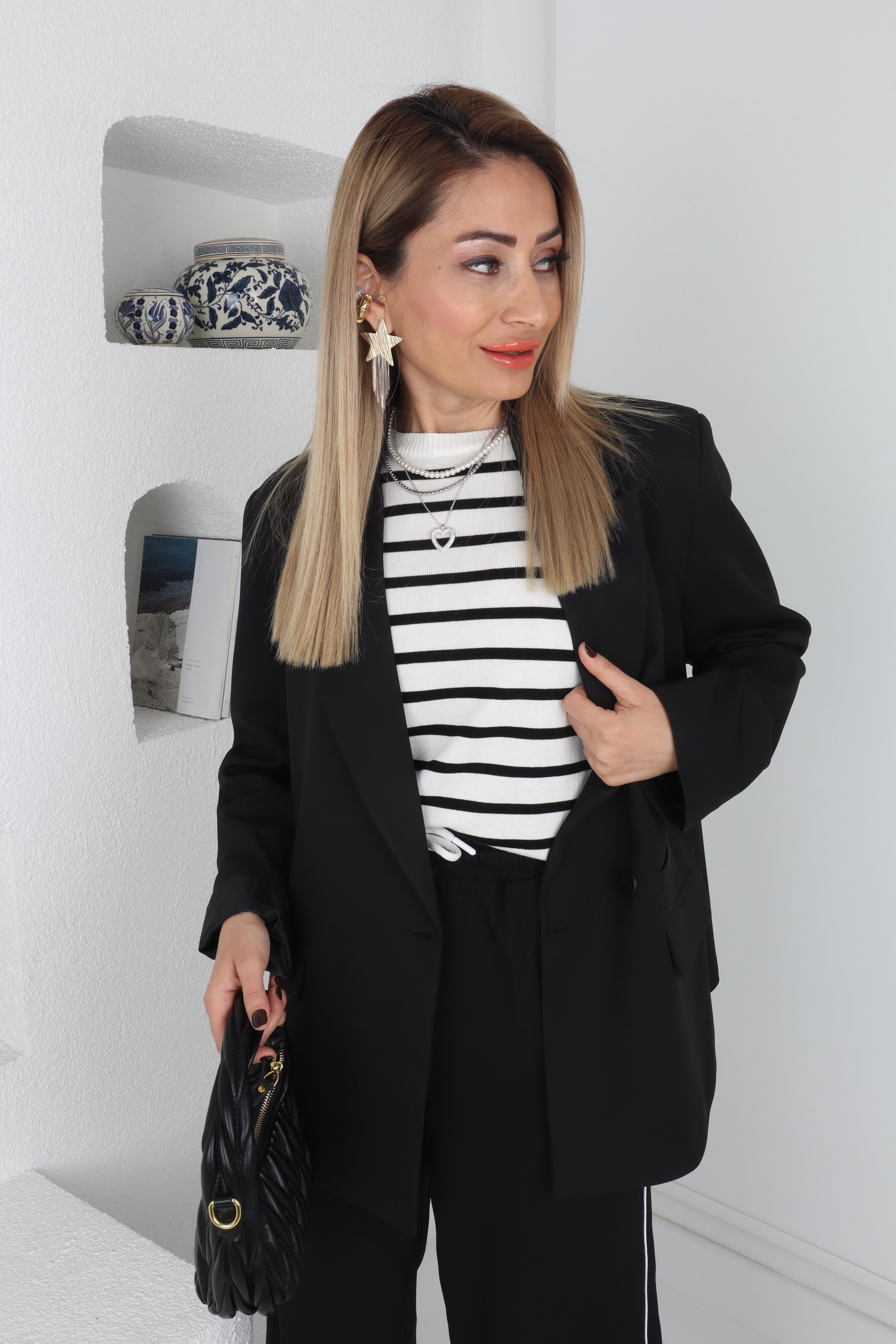 Çift Cepli Çapraz Tek Düğme Siyah Ceket CEKET