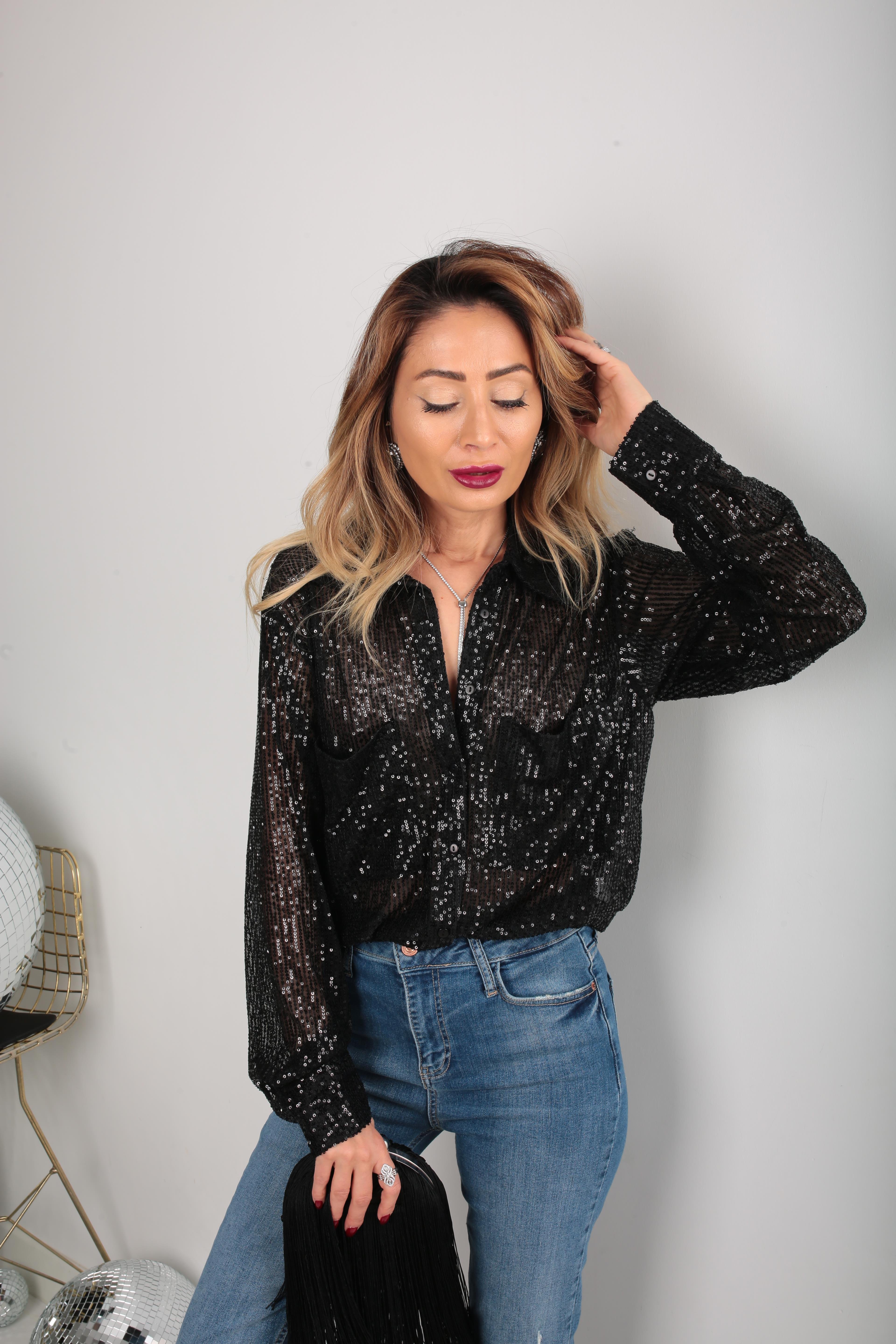 Çift Cepli Siyah Payetli Gömlek GÖMLEK