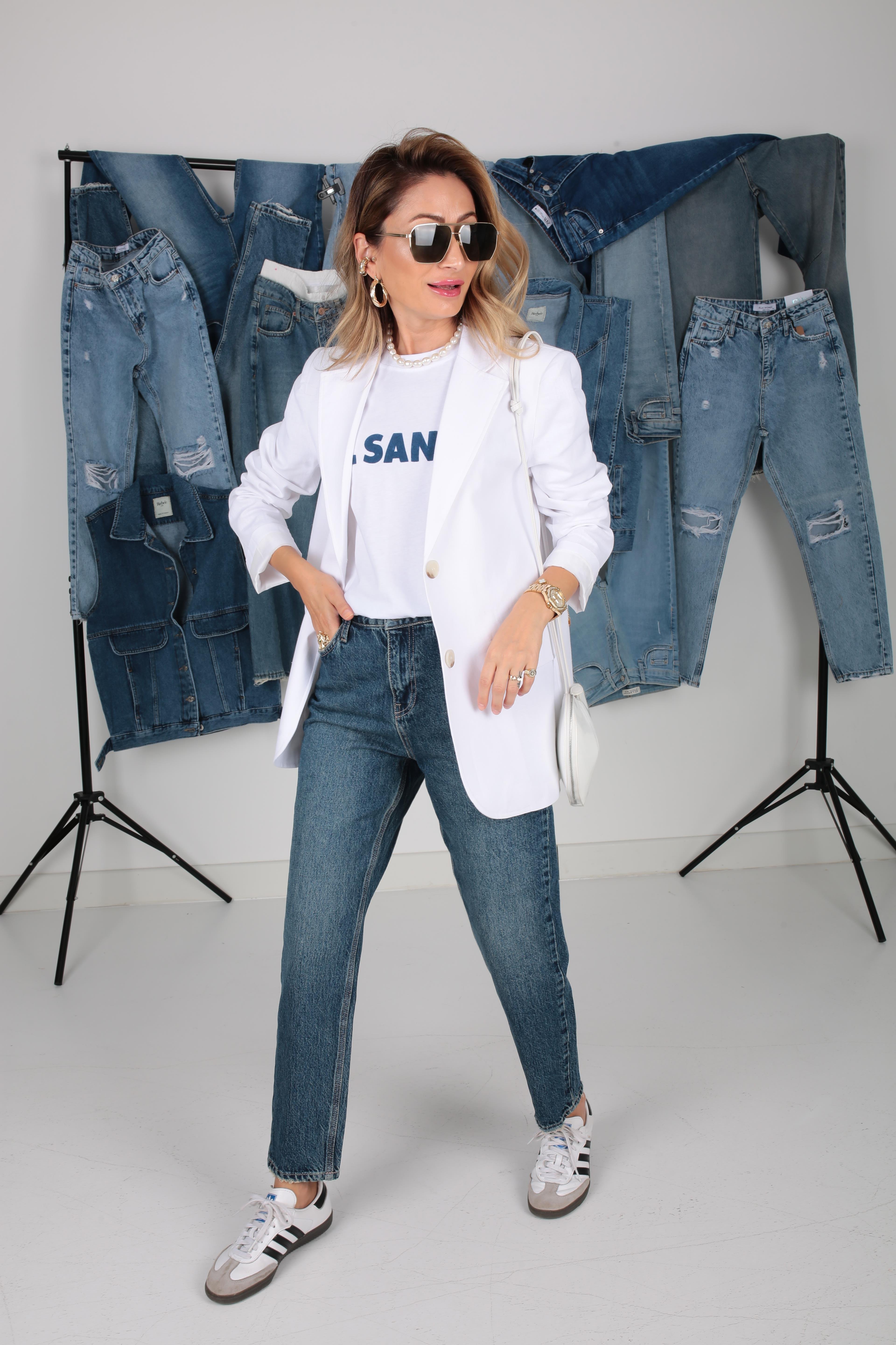 Çift Düğme Beyaz Keten Blazer Ceket CEKET