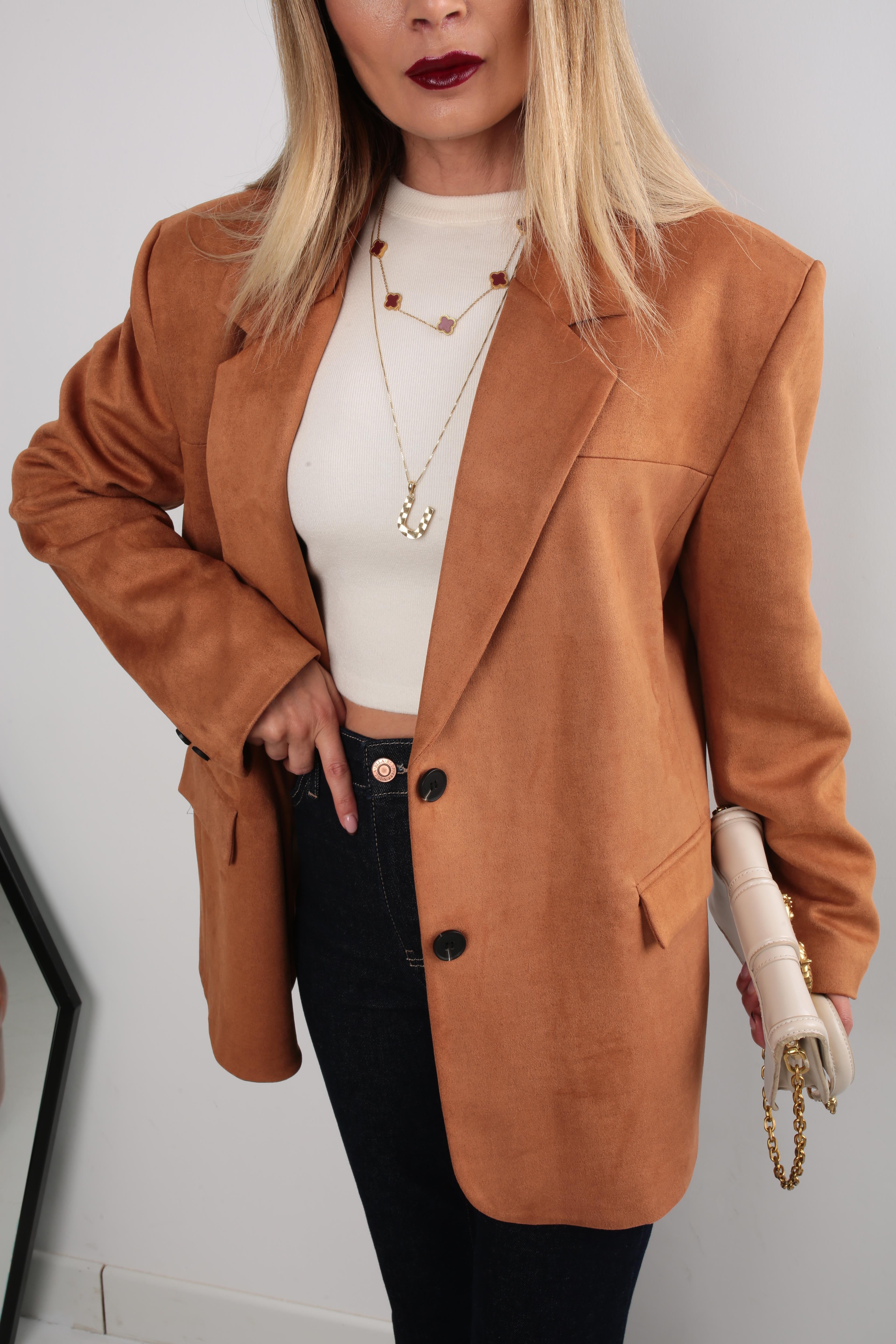 Çift Düğmeli Taba Oversize Nubuk Ceket CEKET