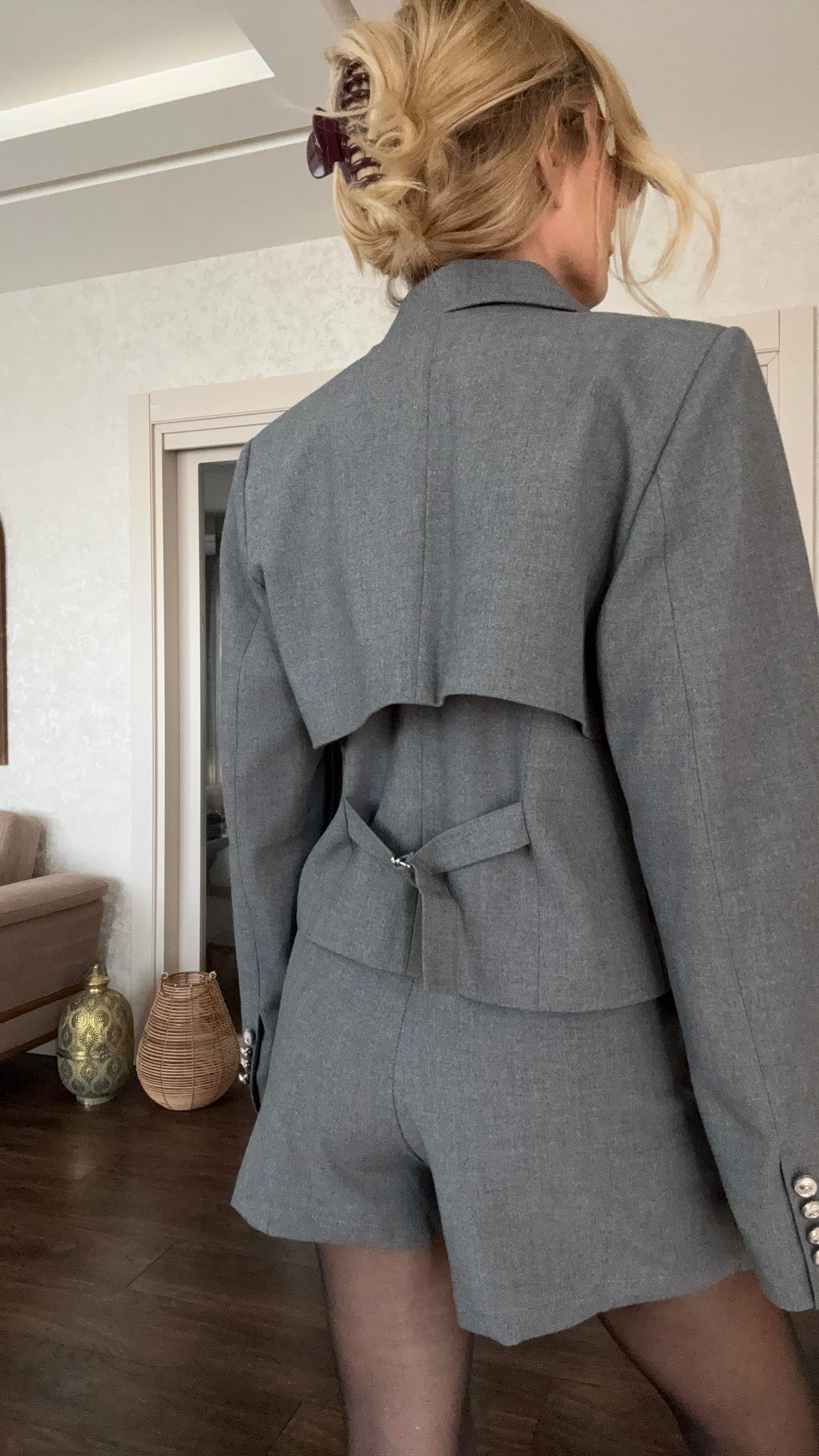 Çift Kemer Pileli Gri Şort Etek ETEK