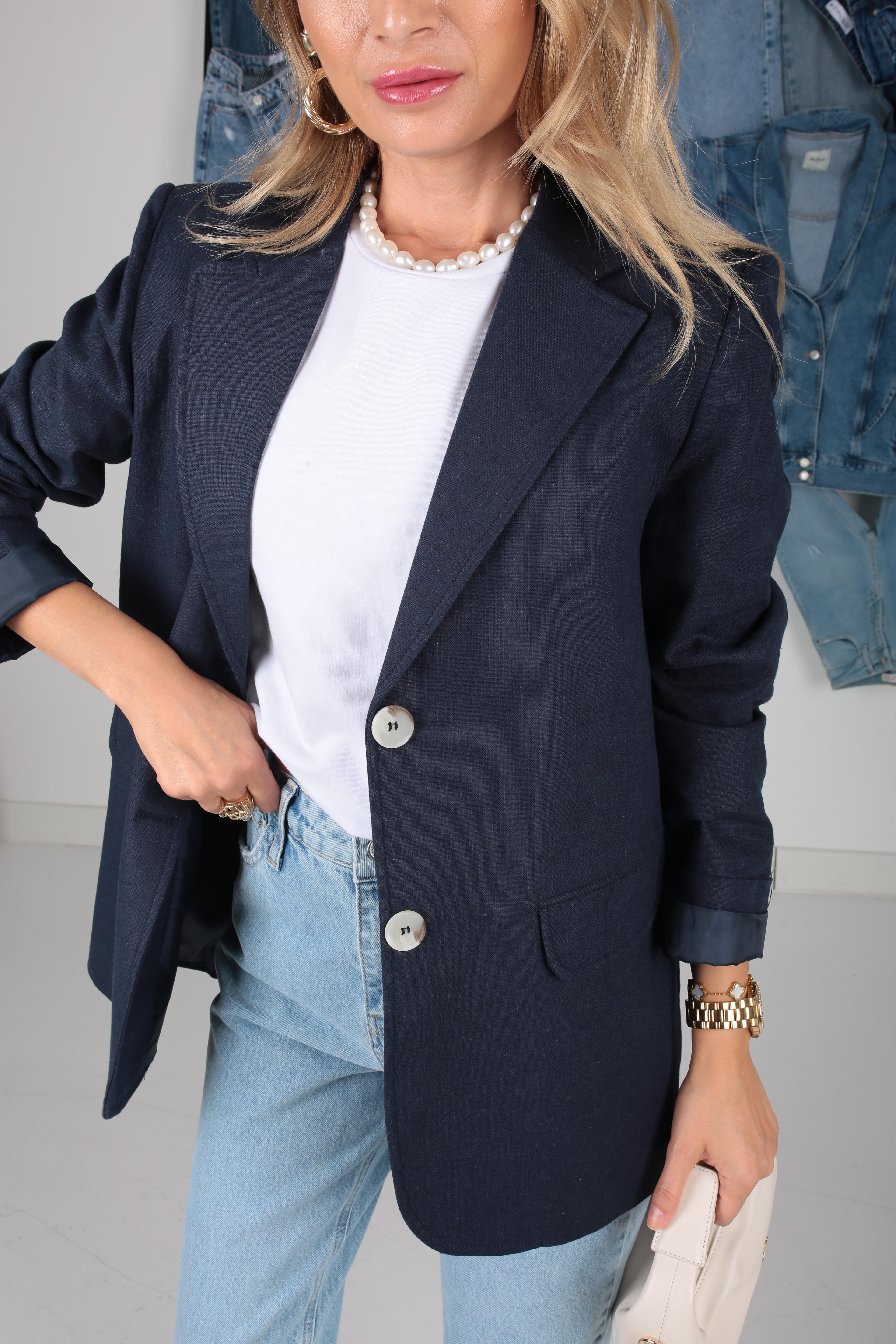 Çift Lacivert Keten Blazer Ceket CEKET