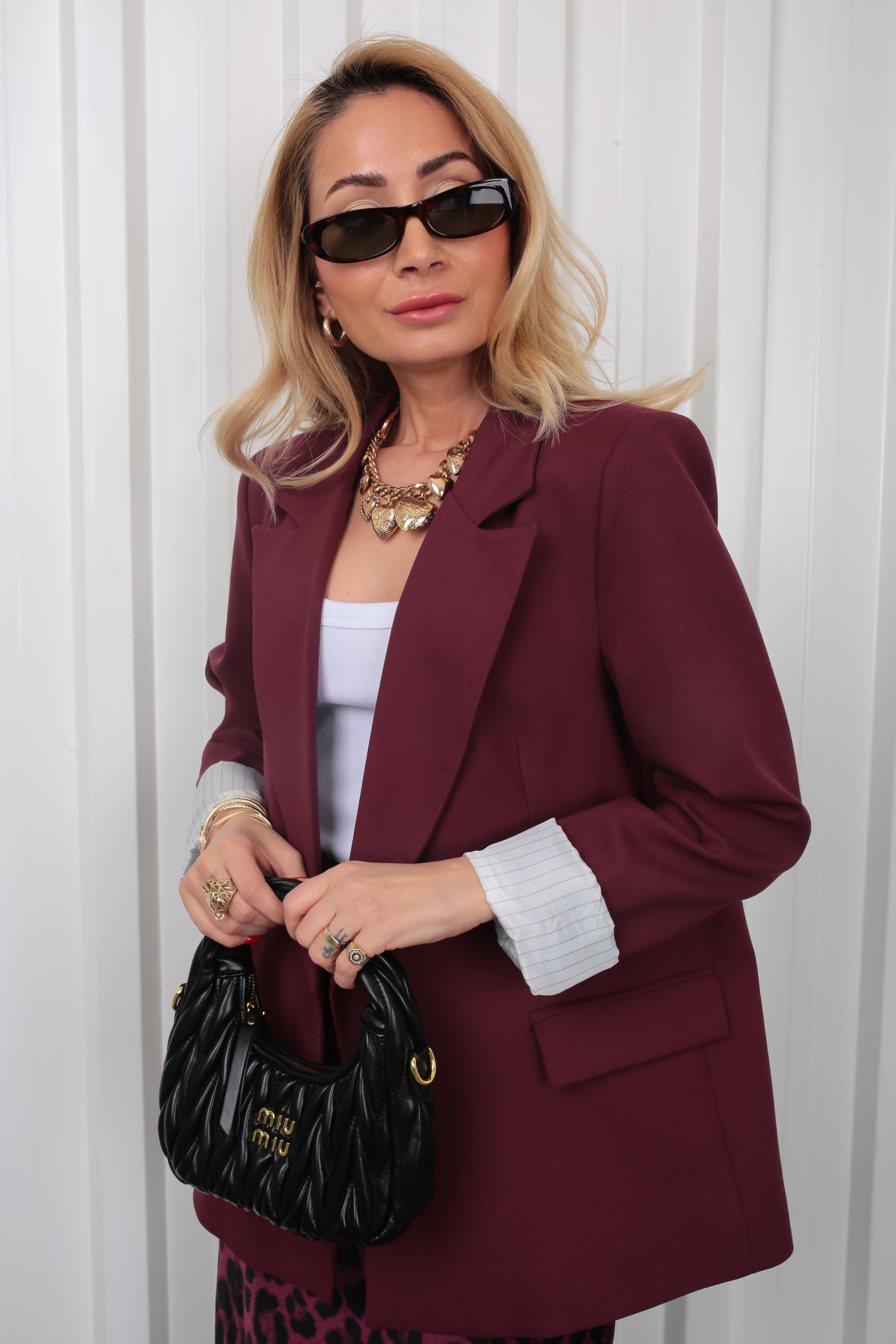 Çizgili Astarlı Kapak Cepli Blazer Bordo Ceket CEKET