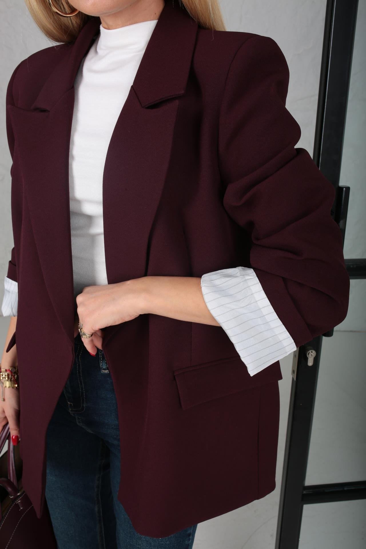 Çizgili Astarlı Kapak Cepli Blazer Bordo Ceket CEKET