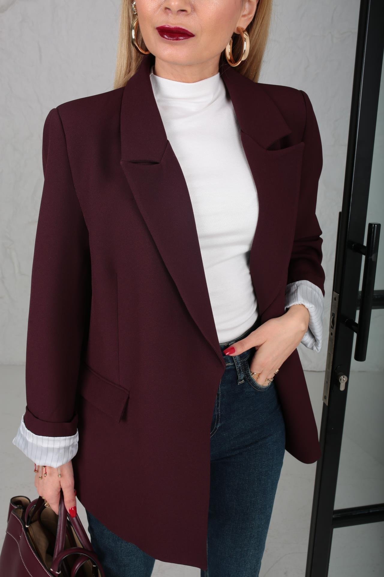 Çizgili Astarlı Kapak Cepli Blazer Bordo Ceket CEKET