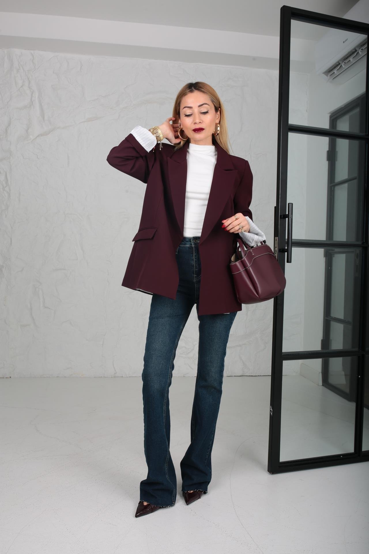 Çizgili Astarlı Kapak Cepli Blazer Bordo Ceket CEKET