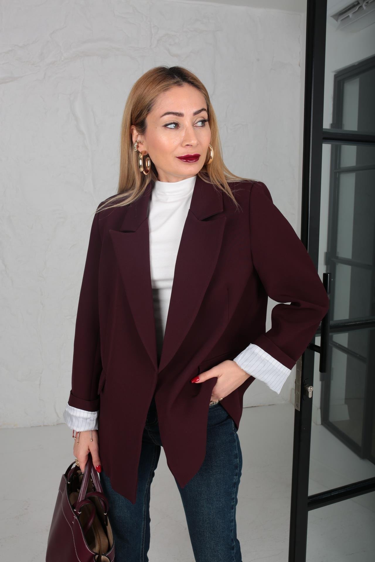 Çizgili Astarlı Kapak Cepli Blazer Bordo Ceket CEKET