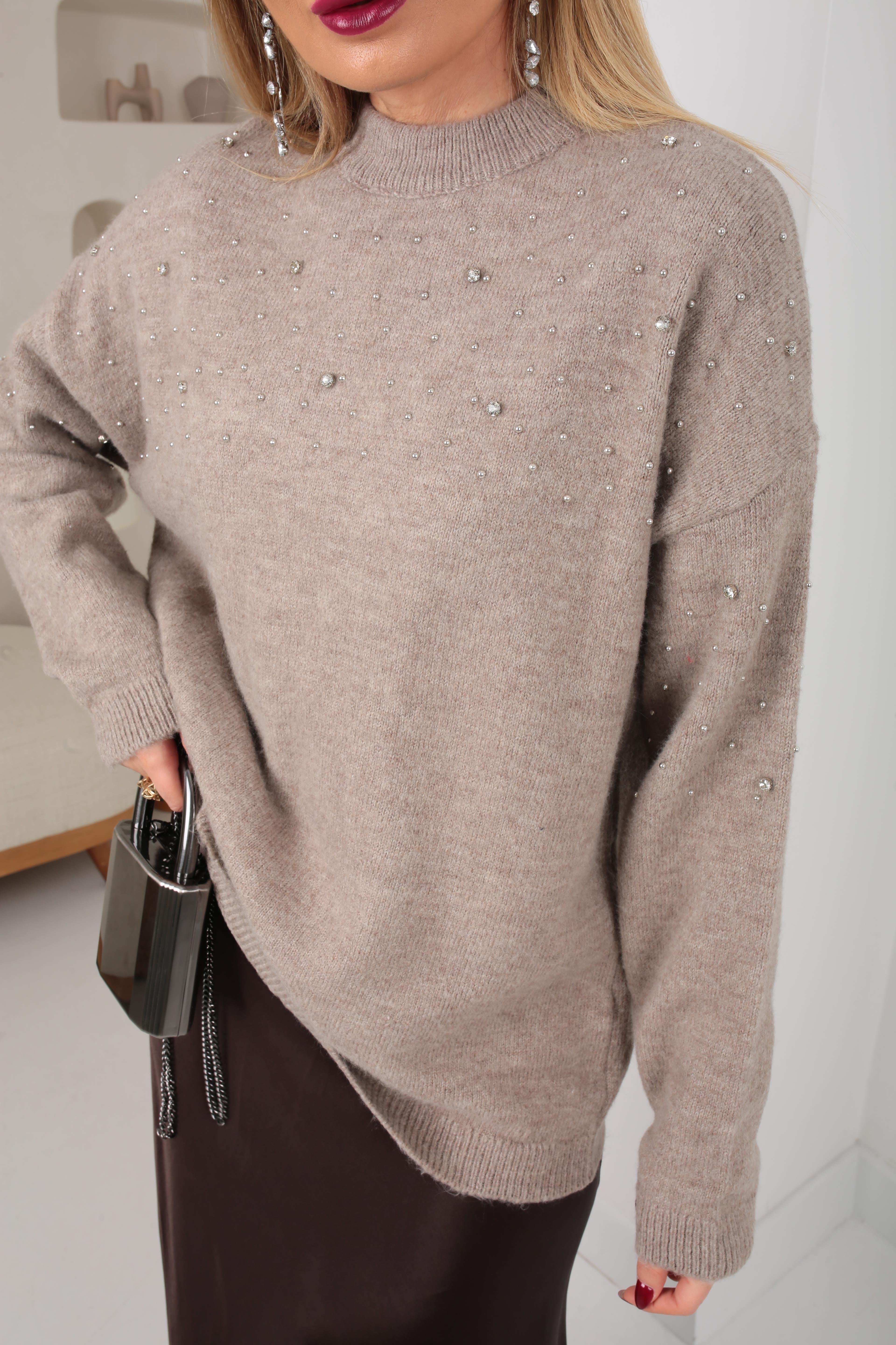 Dağınık Taş İşli Vizon Kazak TRİKO VE KAZAK